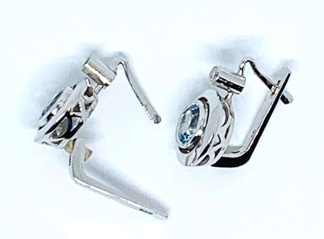 Round Cut Aquamarine and Diamond, White Gold Double Bezel, Lever Back Round Drop Earrings