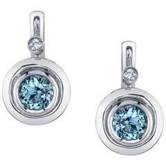 Aquamarine and Diamond, White Gold Double Bezel, Lever Back Round Drop Earrings