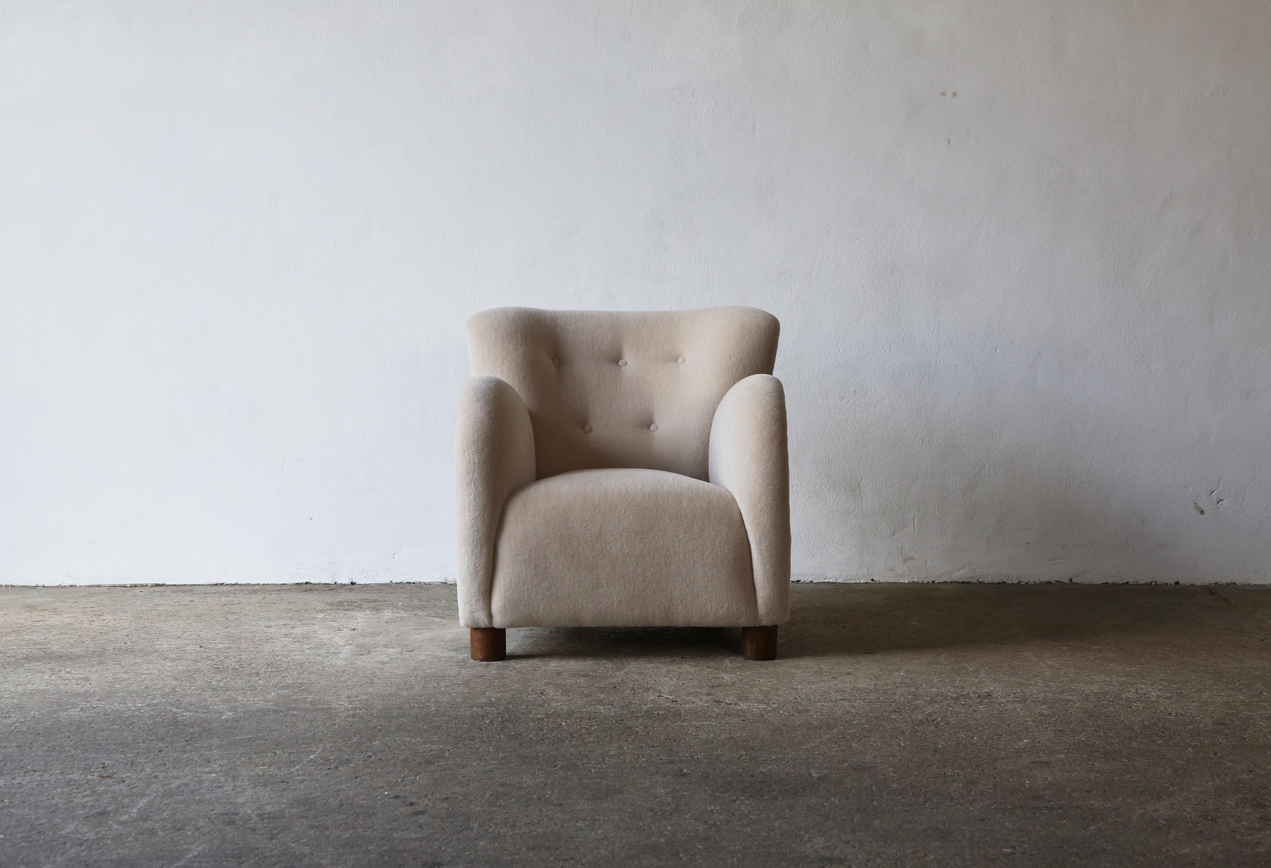 Scandinavian Modern Round Arm Lounge Chair, Newly Upholstered in Pure Alpaca