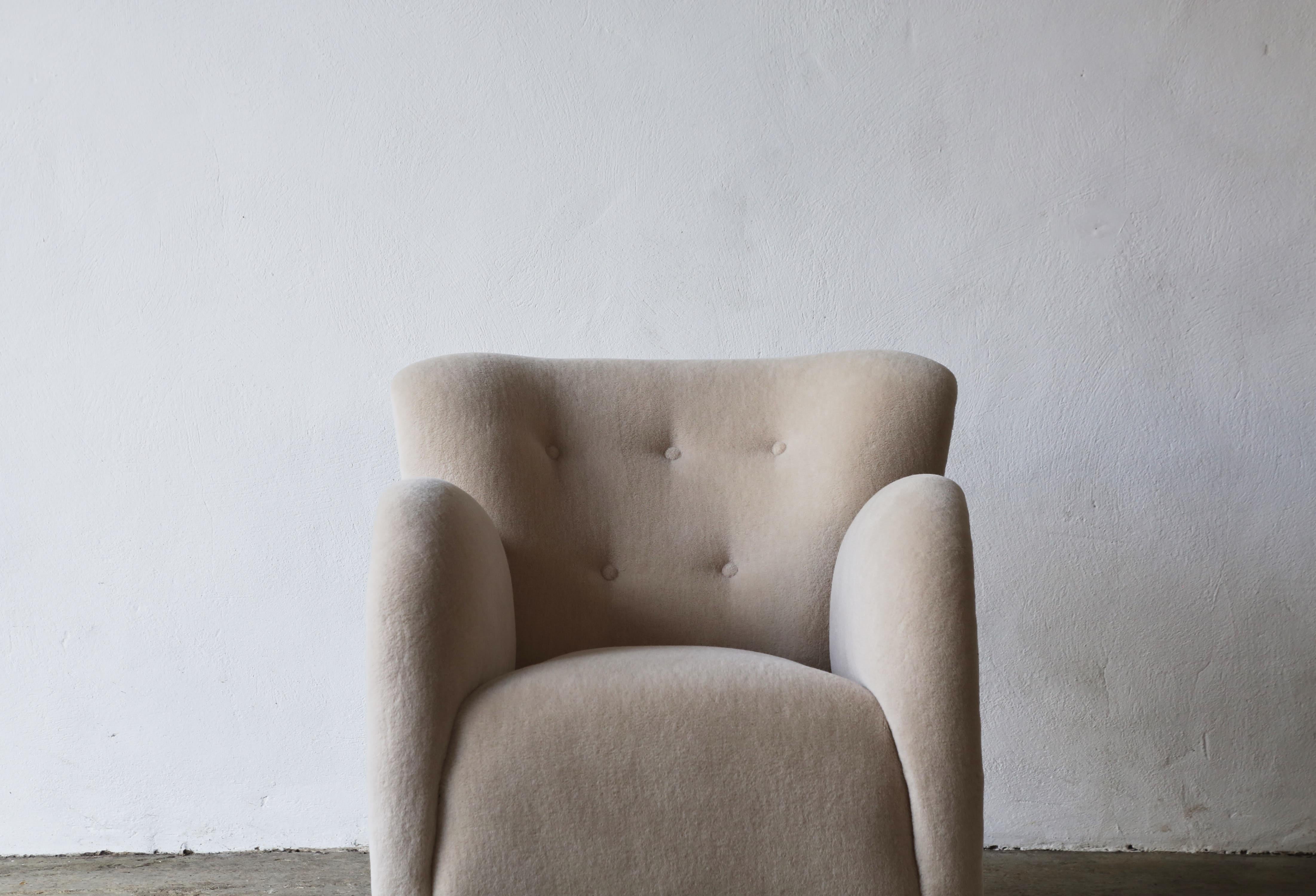 British Round Arm Lounge Chair, Newly Upholstered in Pure Alpaca