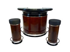 Round Art Deco Bar with Two Stools, Palisander Veneer, Marble Top, France, 1950s