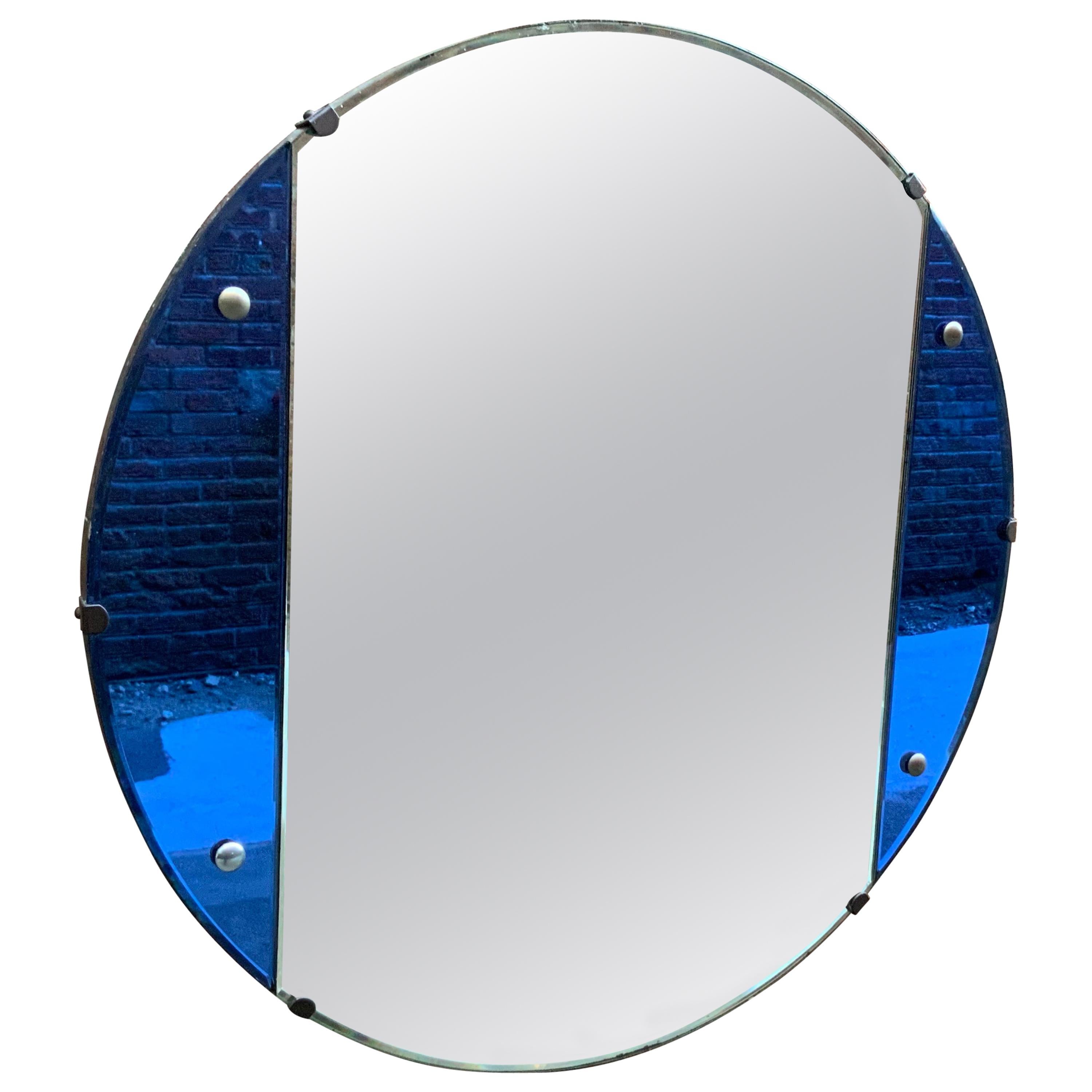 Round Art Deco Blue Glass Wall Mirror