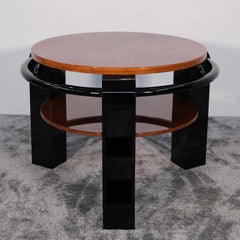 Round Art Deco Coffee Table in Walnut and Black with Secret Detail, France 1930s
