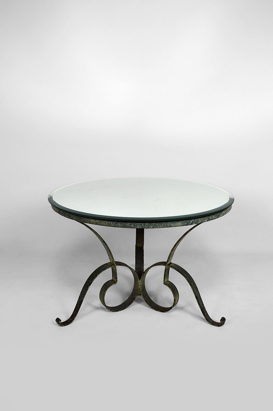 French Round Art Deco Coffee Table in Wrought Iron Attributed to Raymond Subes, 1935s