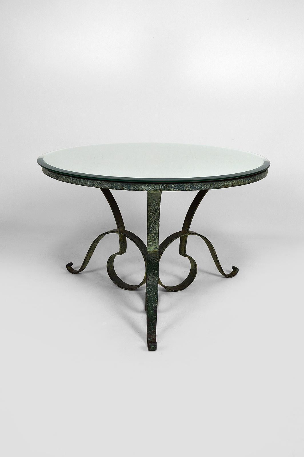 Beveled Round Art Deco Coffee Table in Wrought Iron Attributed to Raymond Subes, 1935s