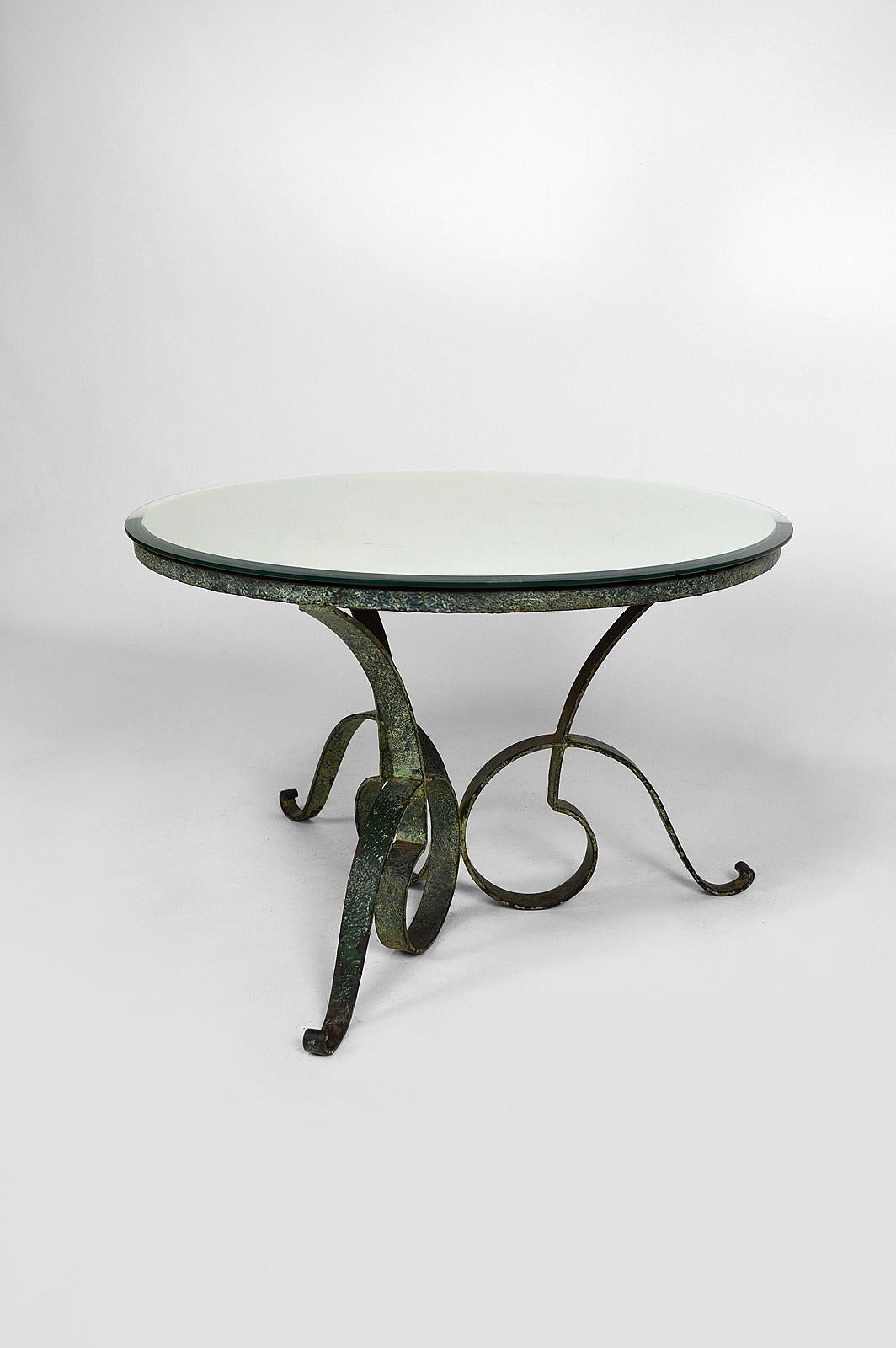 Round Art Deco Coffee Table in Wrought Iron Attributed to Raymond Subes, 1935s 1