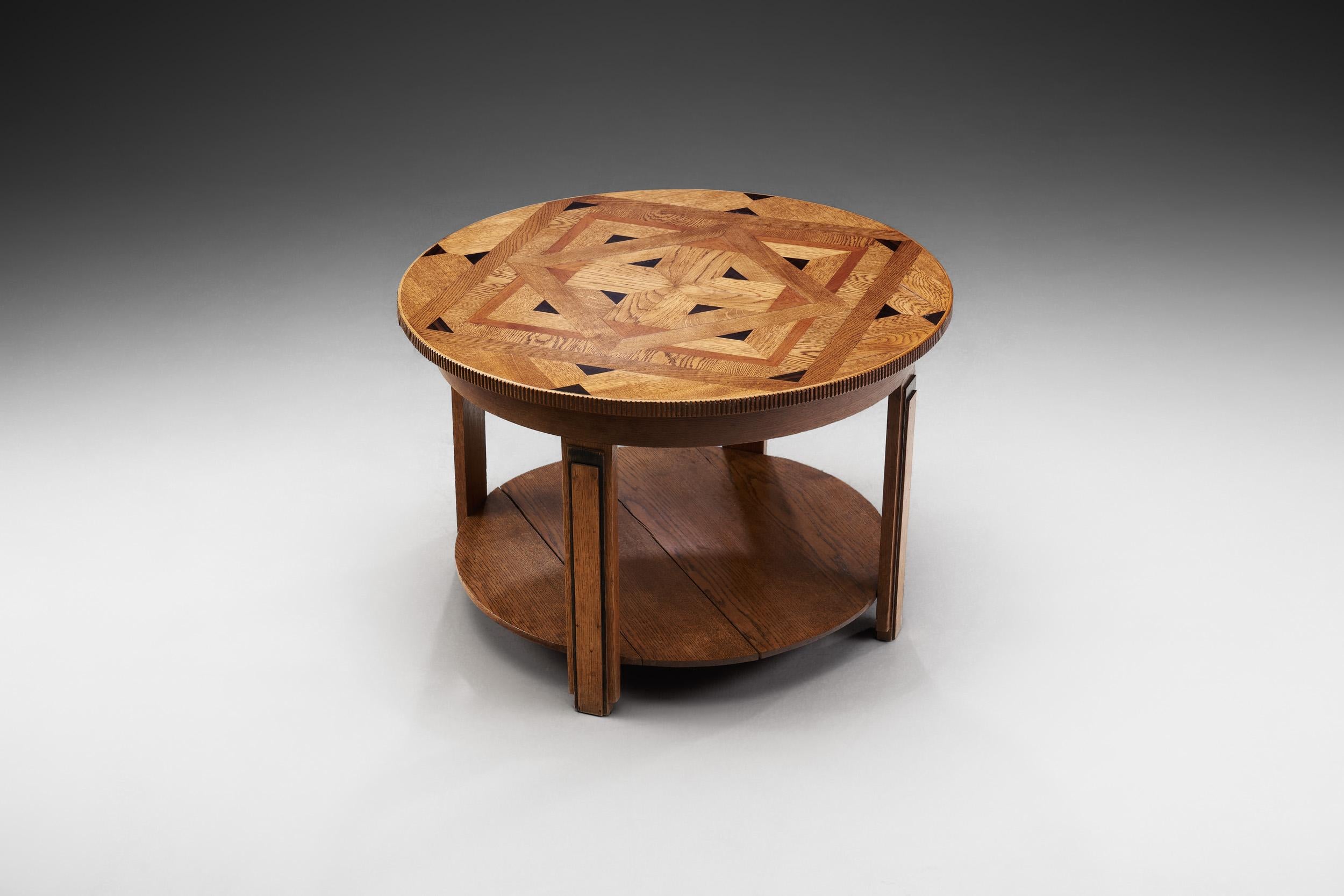 Dutch Round Art Deco Coffee Table with Intarsia, the Netherlands, 1930s For Sale