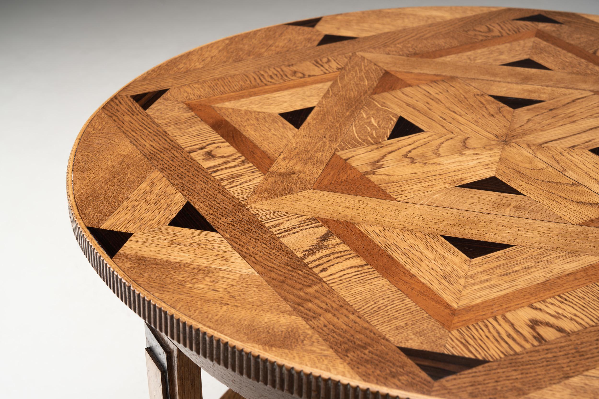 Wood Round Art Deco Coffee Table with Intarsia, the Netherlands, 1930s For Sale