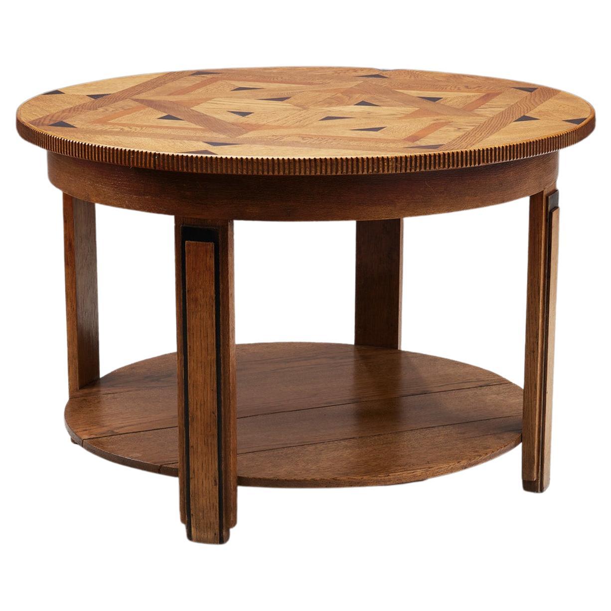 Round Art Deco Coffee Table with Intarsia, the Netherlands, 1930s For Sale