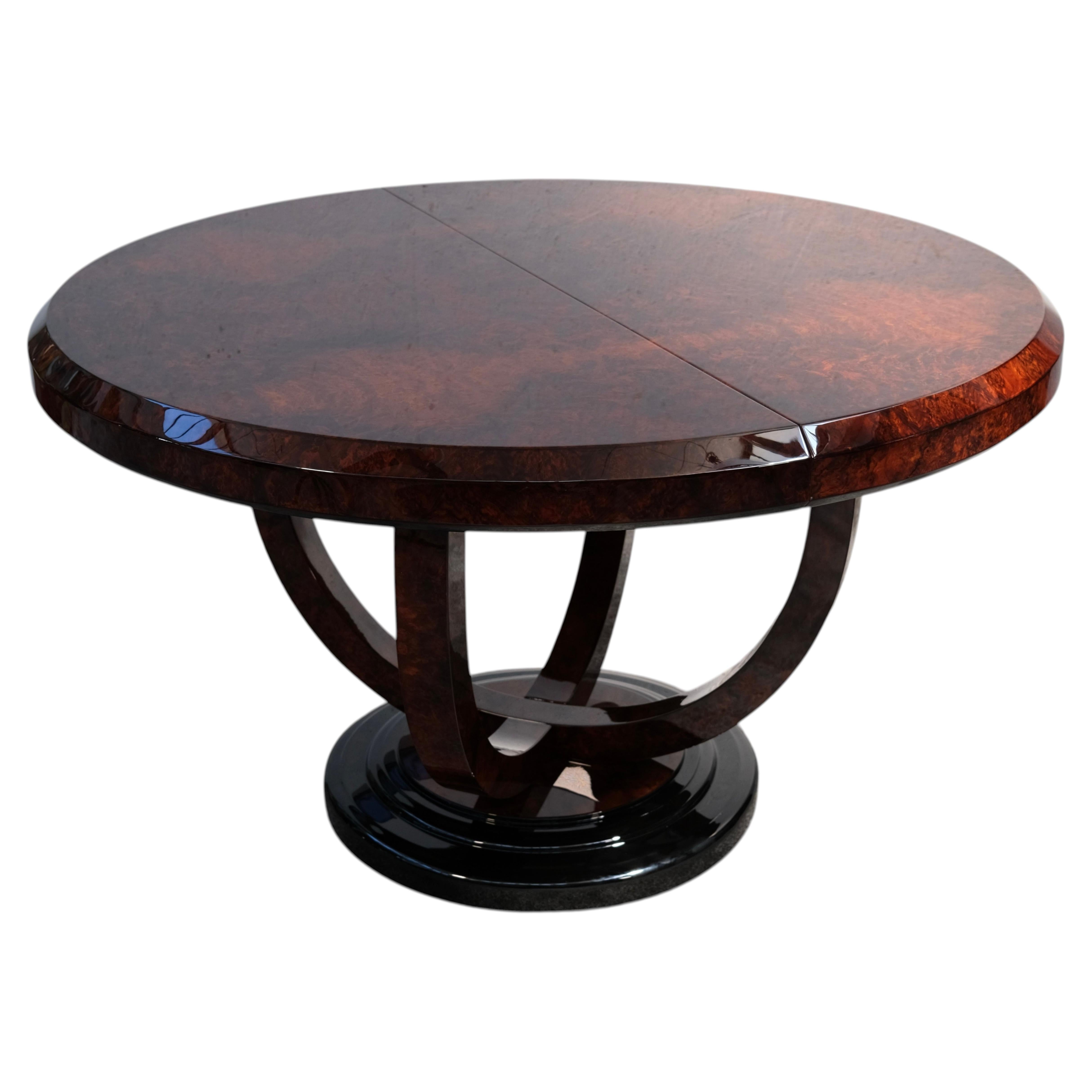 Round Art Deco Dining Table in High Gloss Amboyna-Root-Wood, Extendable, 1930s