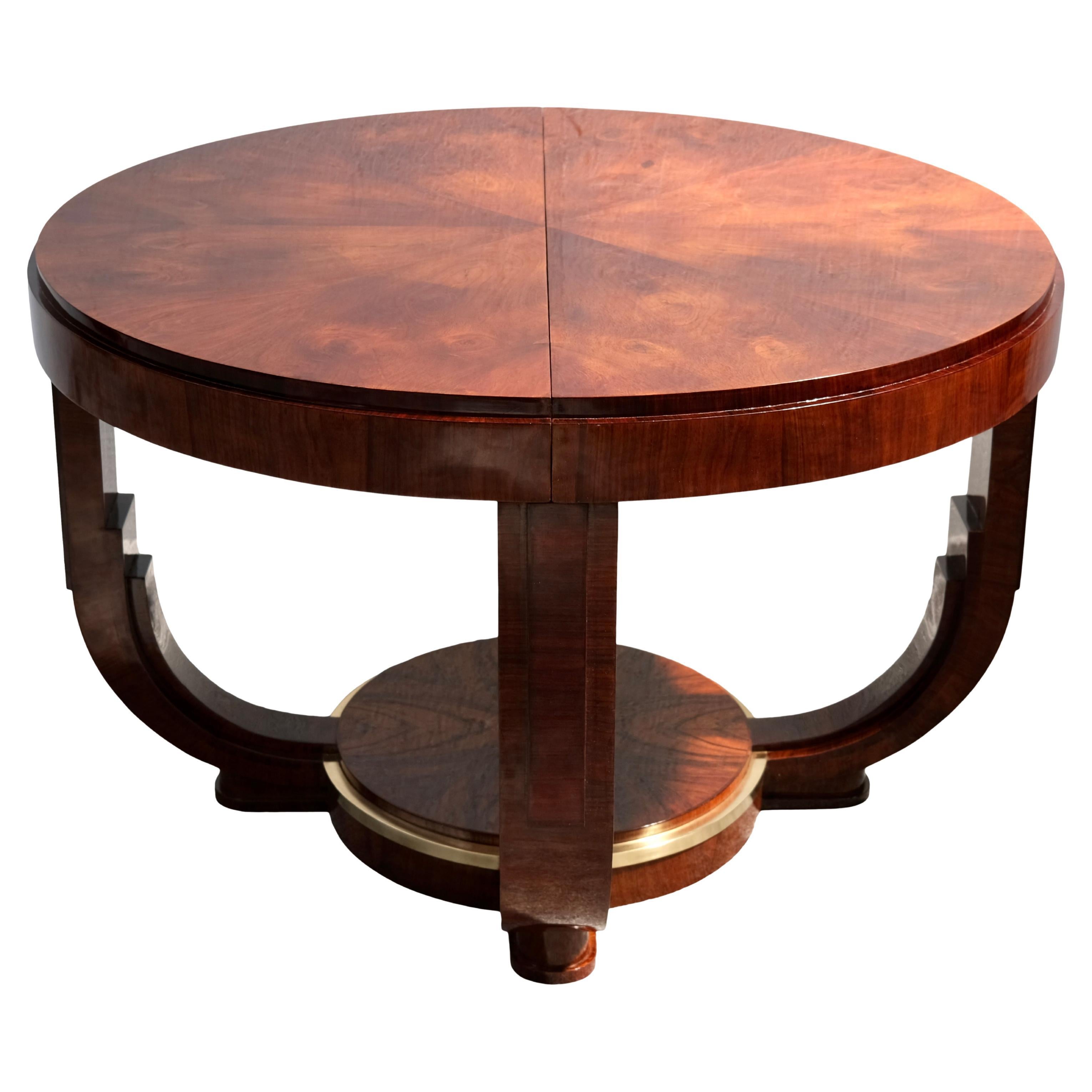 Table de salle à manger ronde Art Déco avec rallonge en noyer français et finition à la gomme-laque