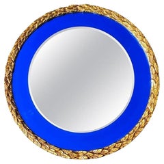 Round Art Deco Mirror With Blue Glass 
