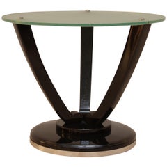 Round Art Deco Side Table, Black Polish, Frosted Glass, France, circa 1930