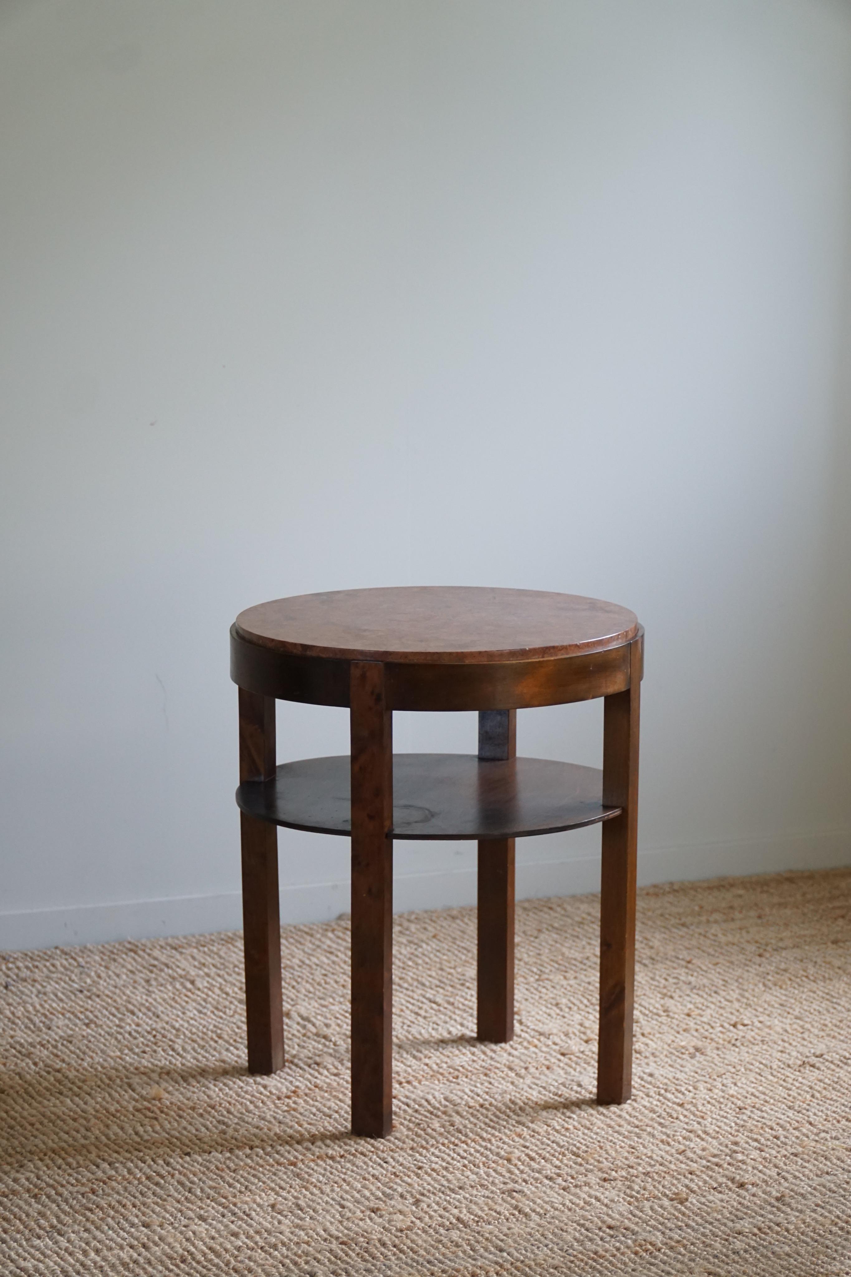 Scandinavian Modern Round Art Deco Side Table in Beech & Marble Top, By a Danish Cabinetmaker, 1940s For Sale