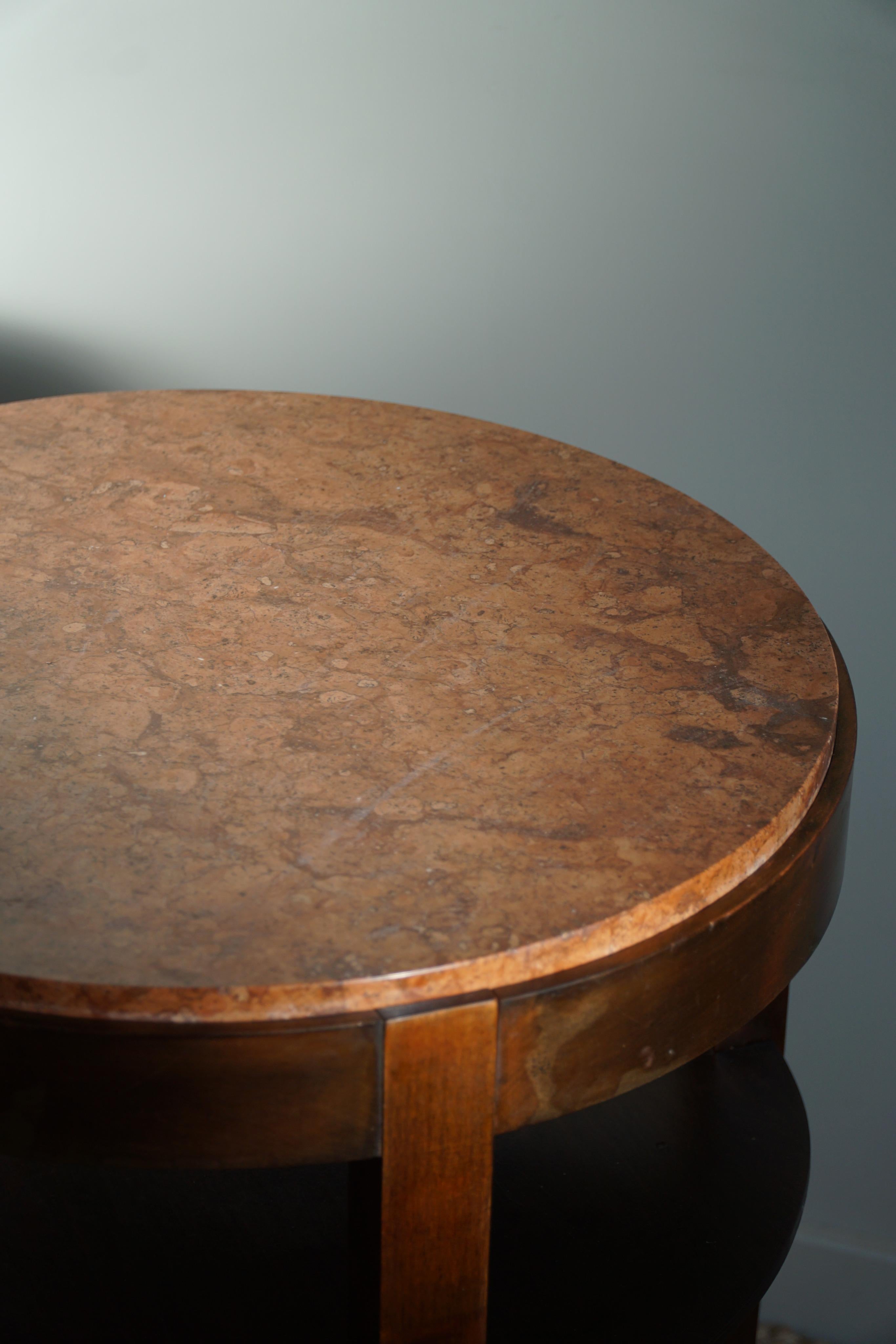Round Art Deco Side Table in Beech & Marble Top, By a Danish Cabinetmaker, 1940s For Sale 2