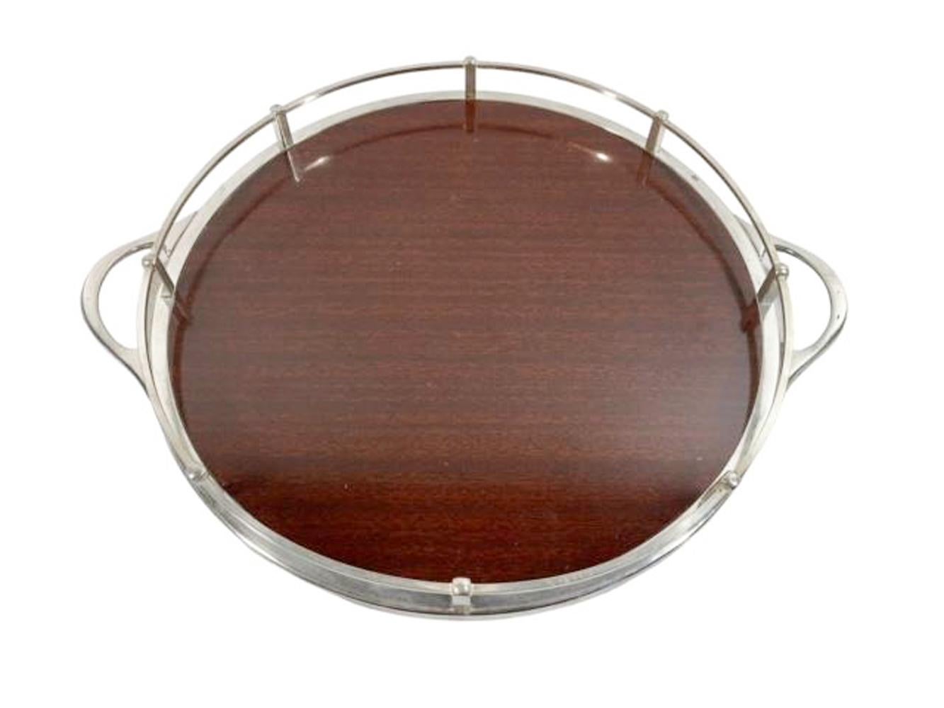 20th Century Round Art Deco Silver Plate Galleried Serving Tray with Wood Grained Formica For Sale