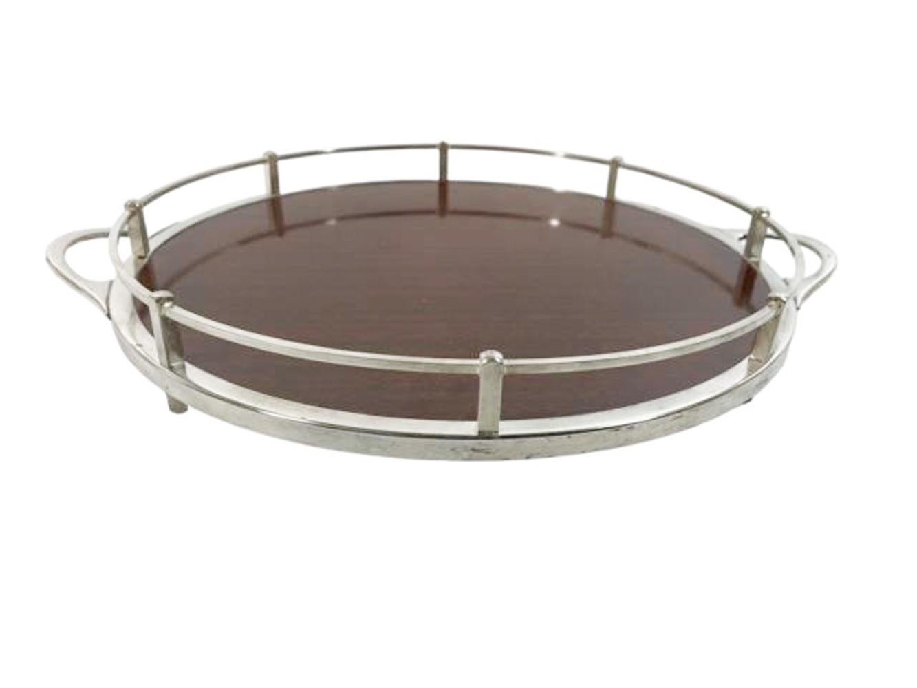 Round Art Deco Silver Plate Galleried Serving Tray with Wood Grained Formica For Sale 1