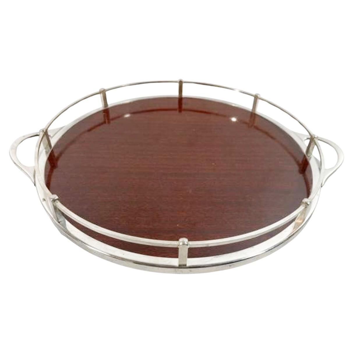 Round Art Deco Silver Plate Galleried Serving Tray with Wood Grained Formica
