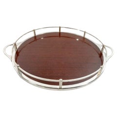 Vassoio da portata rotondo Art Deco in argento con formica con venature Wood