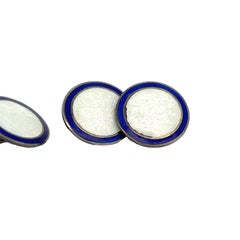 Art Decó redondo de plata de ley azul y blanca  Gemelos esmaltados