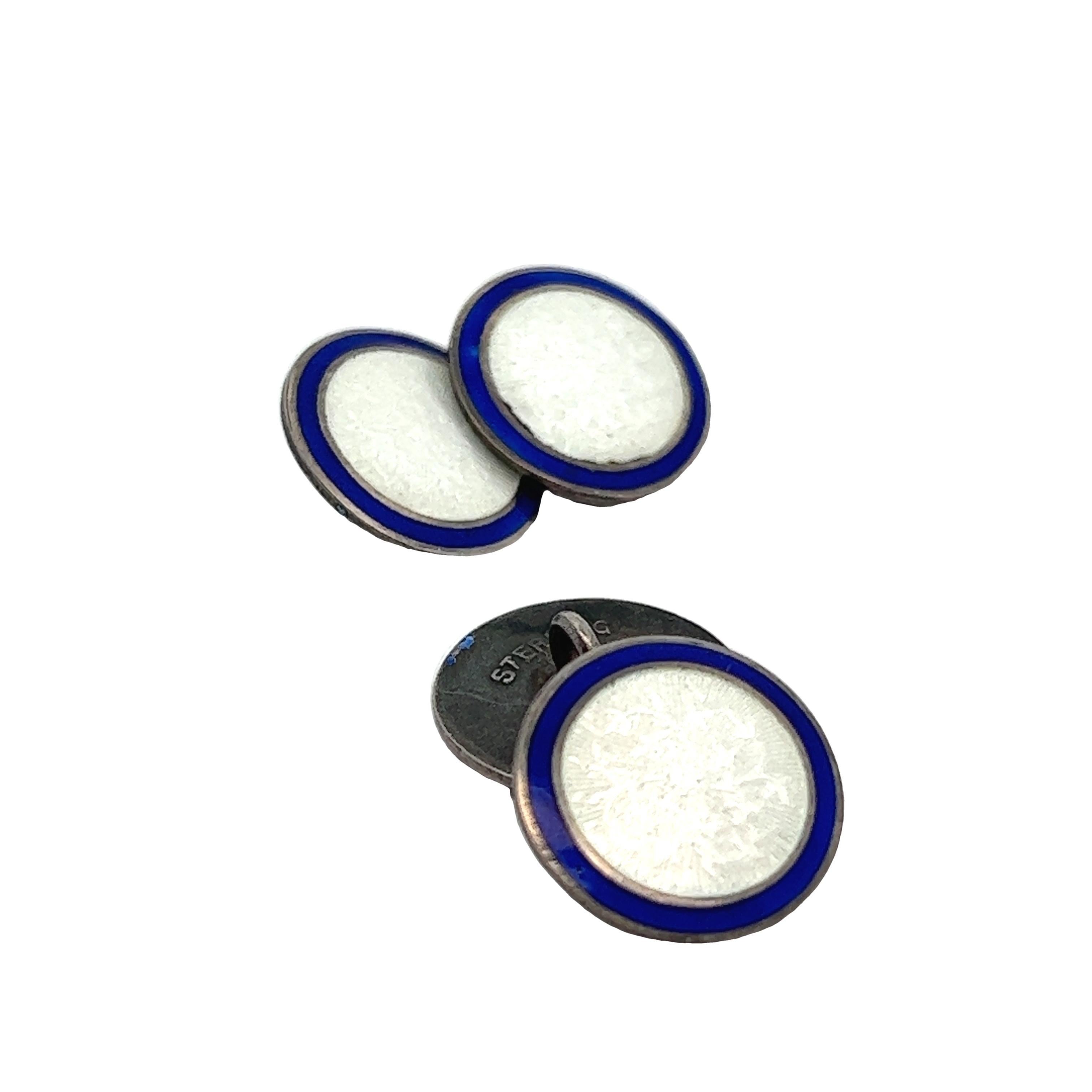 Round Art Deco Sterling Silver Blue and White  Enameled Cufflinks In Good Condition For Sale In Lexington, KY