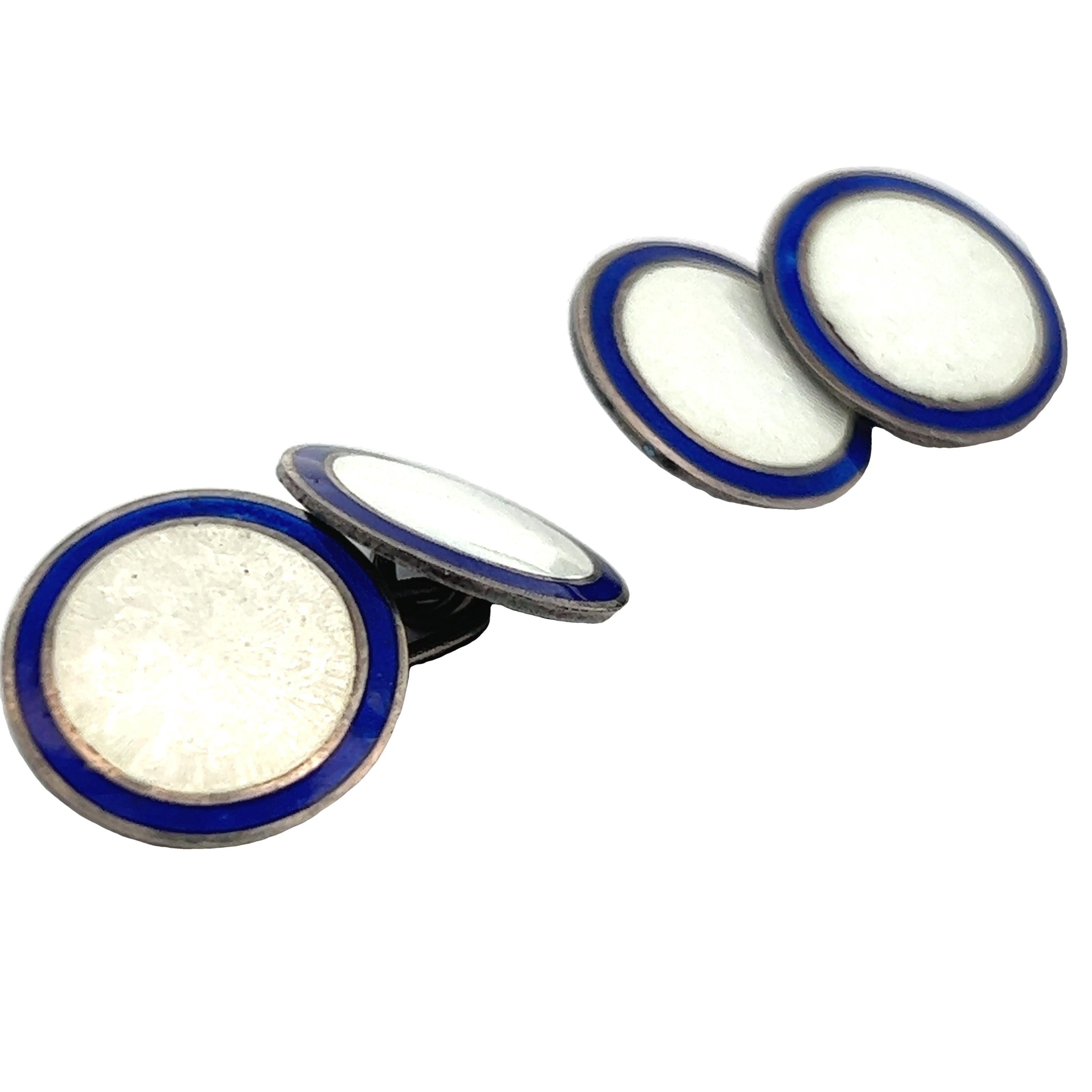 Men's Round Art Deco Sterling Silver Blue and White  Enameled Cufflinks For Sale