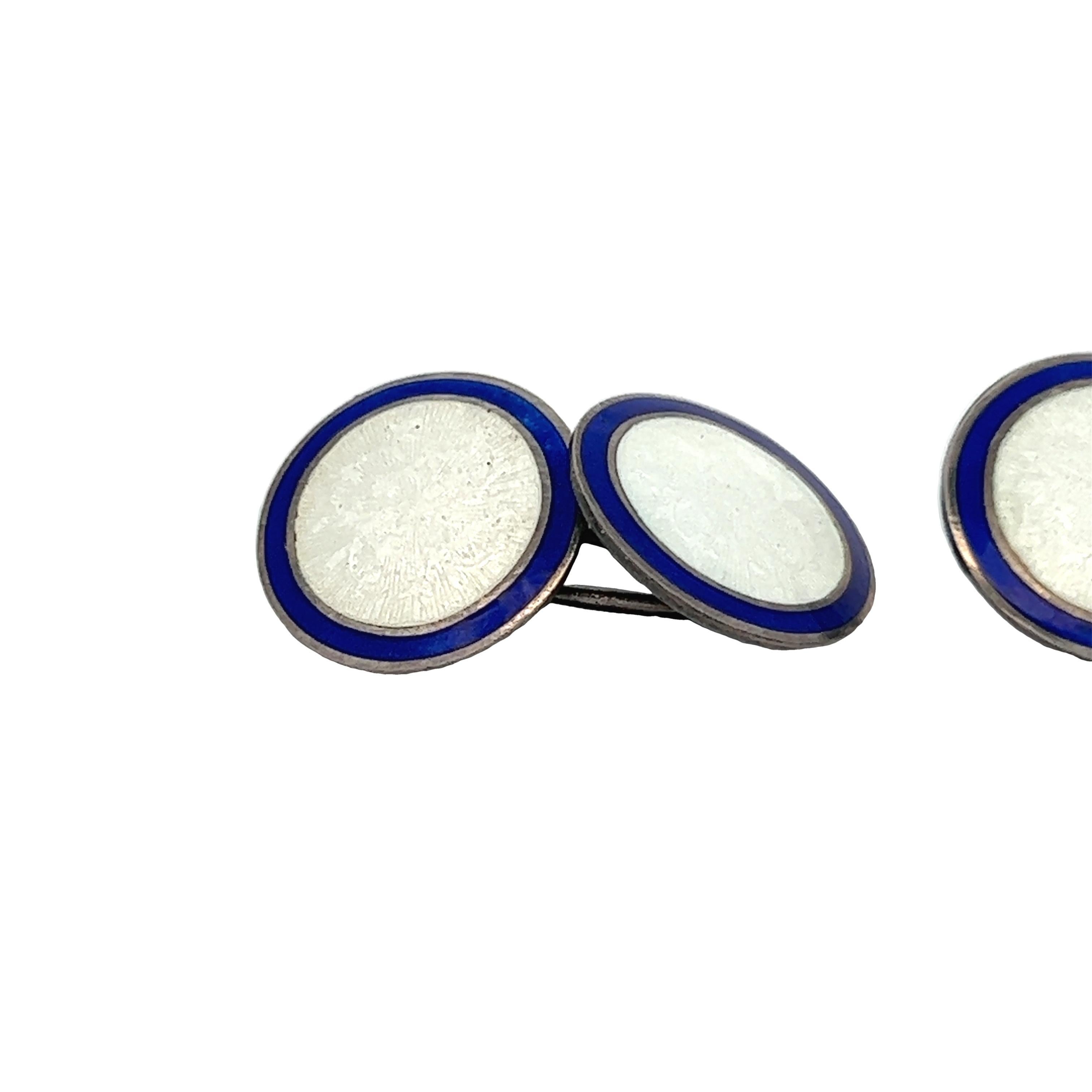 Round Art Deco Sterling Silver Blue and White  Enameled Cufflinks For Sale 3