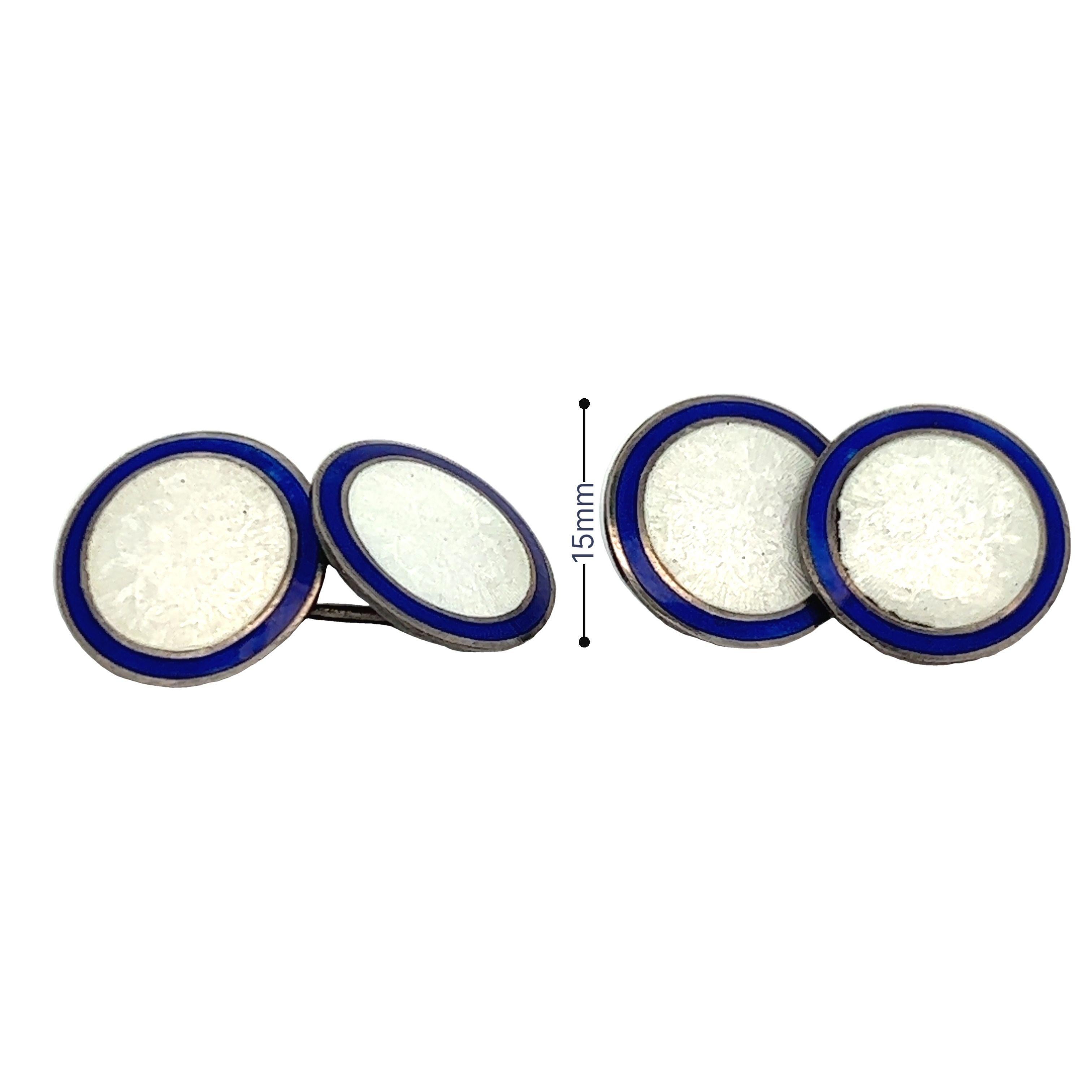 Round Art Deco Sterling Silver Blue and White  Enameled Cufflinks For Sale 4
