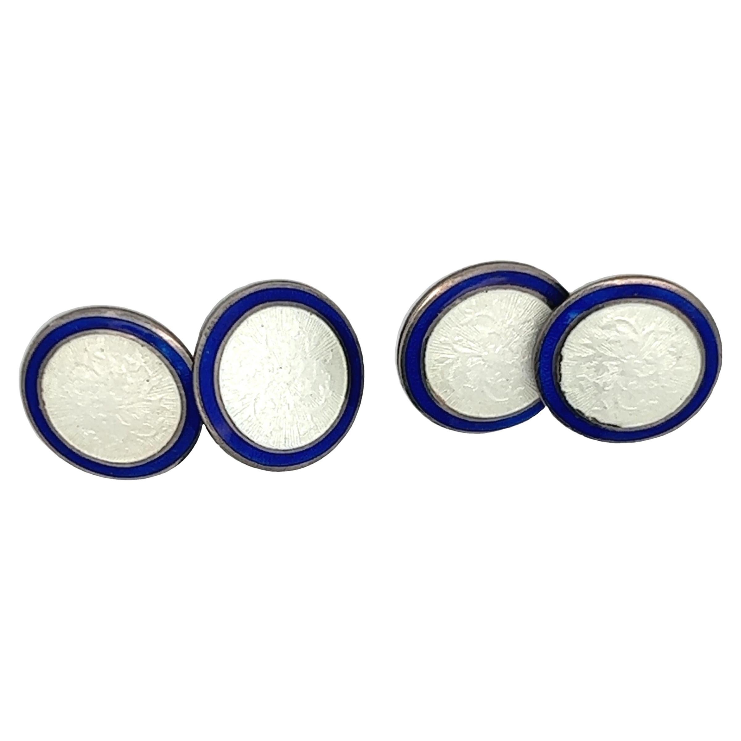 Round Art Deco Sterling Silver Blue and White  Enameled Cufflinks For Sale
