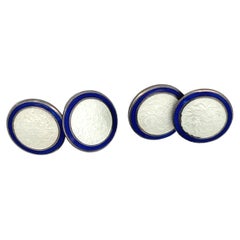 Round Art Deco Sterling Silver Blue and White  Enameled Cufflinks