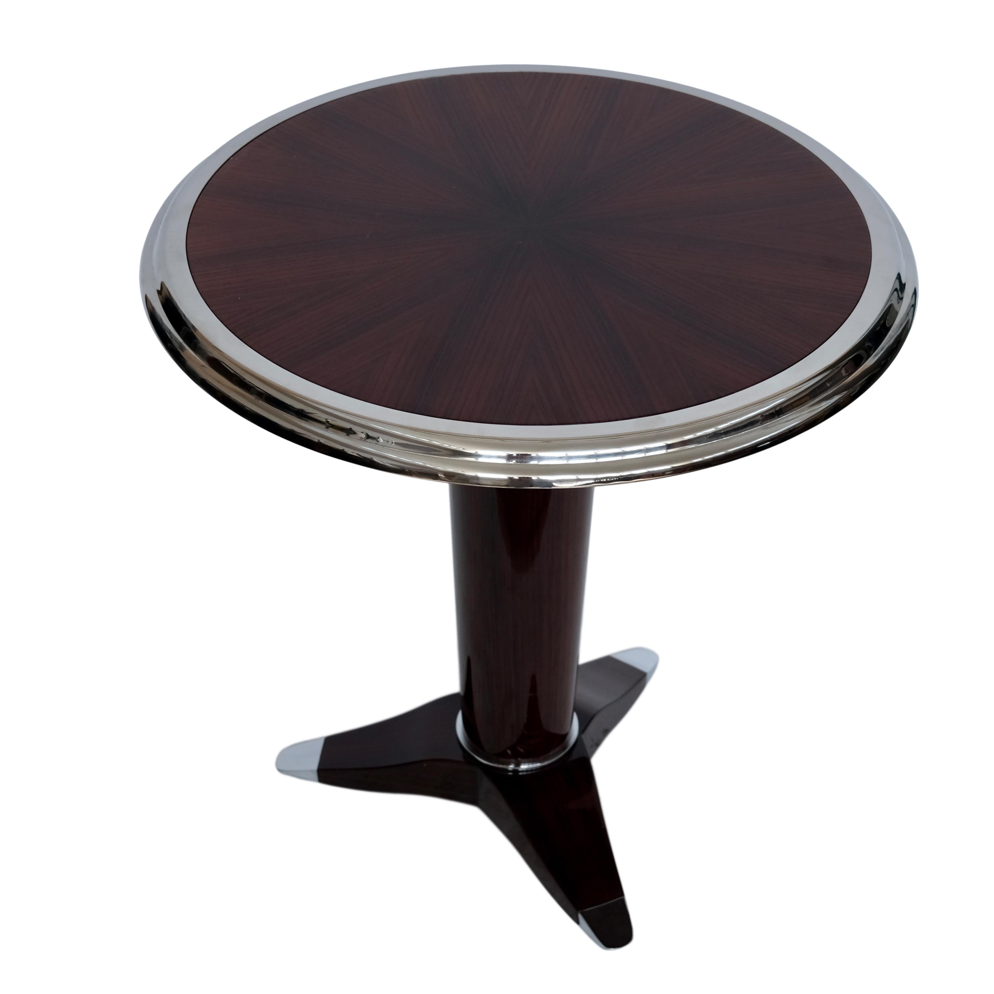 French Round Art Deco Style Side Table in Lacquered Mahogany and Chrome For Sale