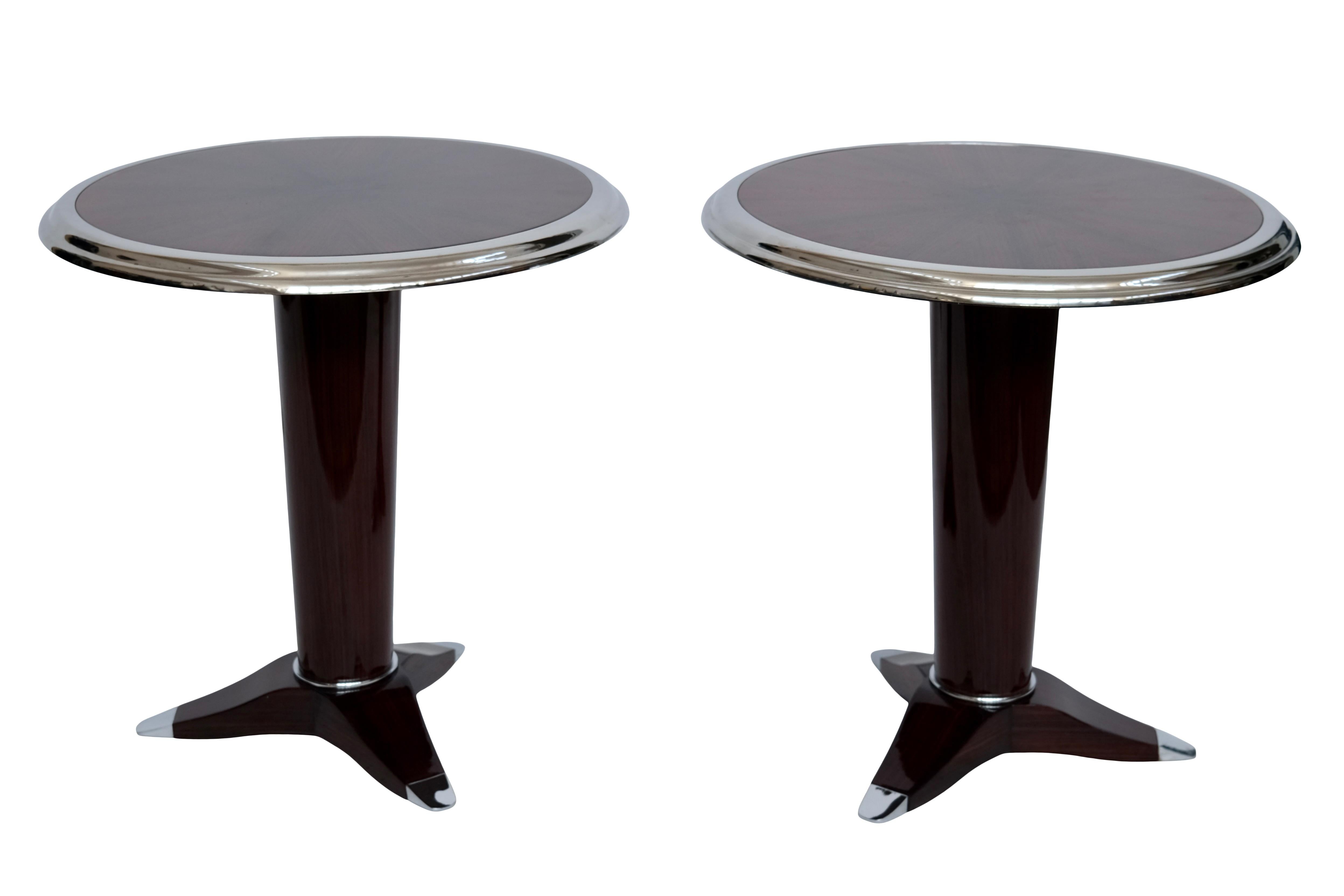 Round Art Deco Style Side Table in Lacquered Mahogany and Chrome For Sale 1