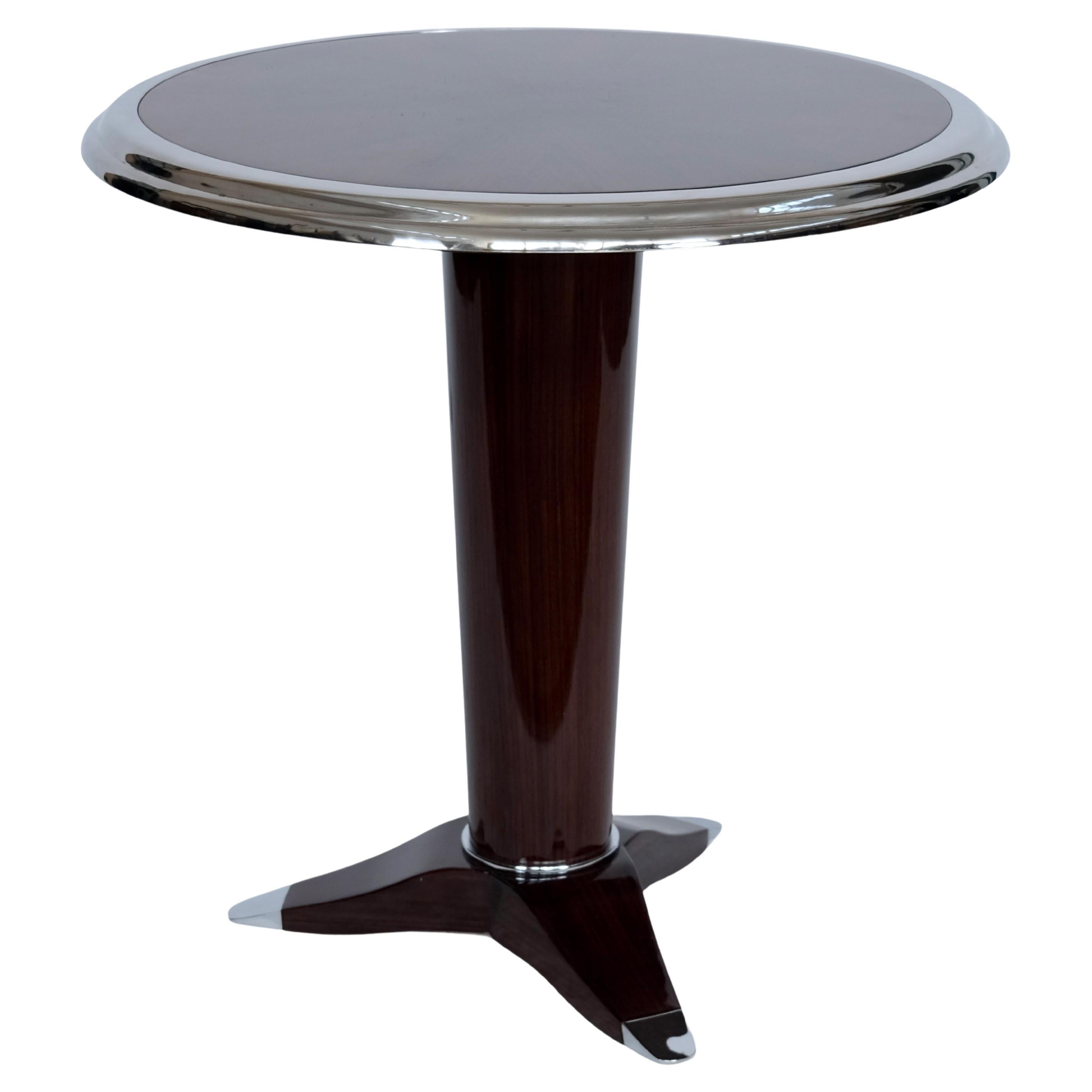 Round Art Deco Style Side Table in Lacquered Mahogany and Chrome For Sale