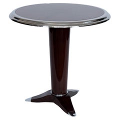 Round Art Deco Style Side Table in Lacquered Mahogany and Chrome