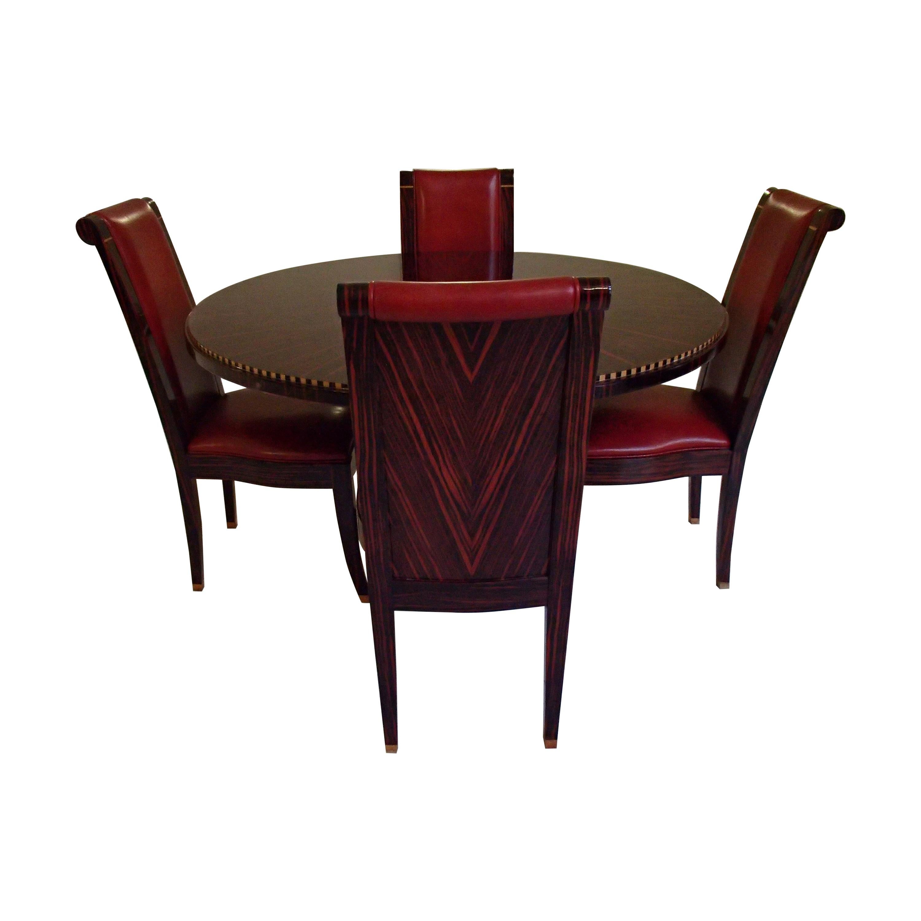 Round Art Deco Table with 4 Red Leather Chairs For Sale