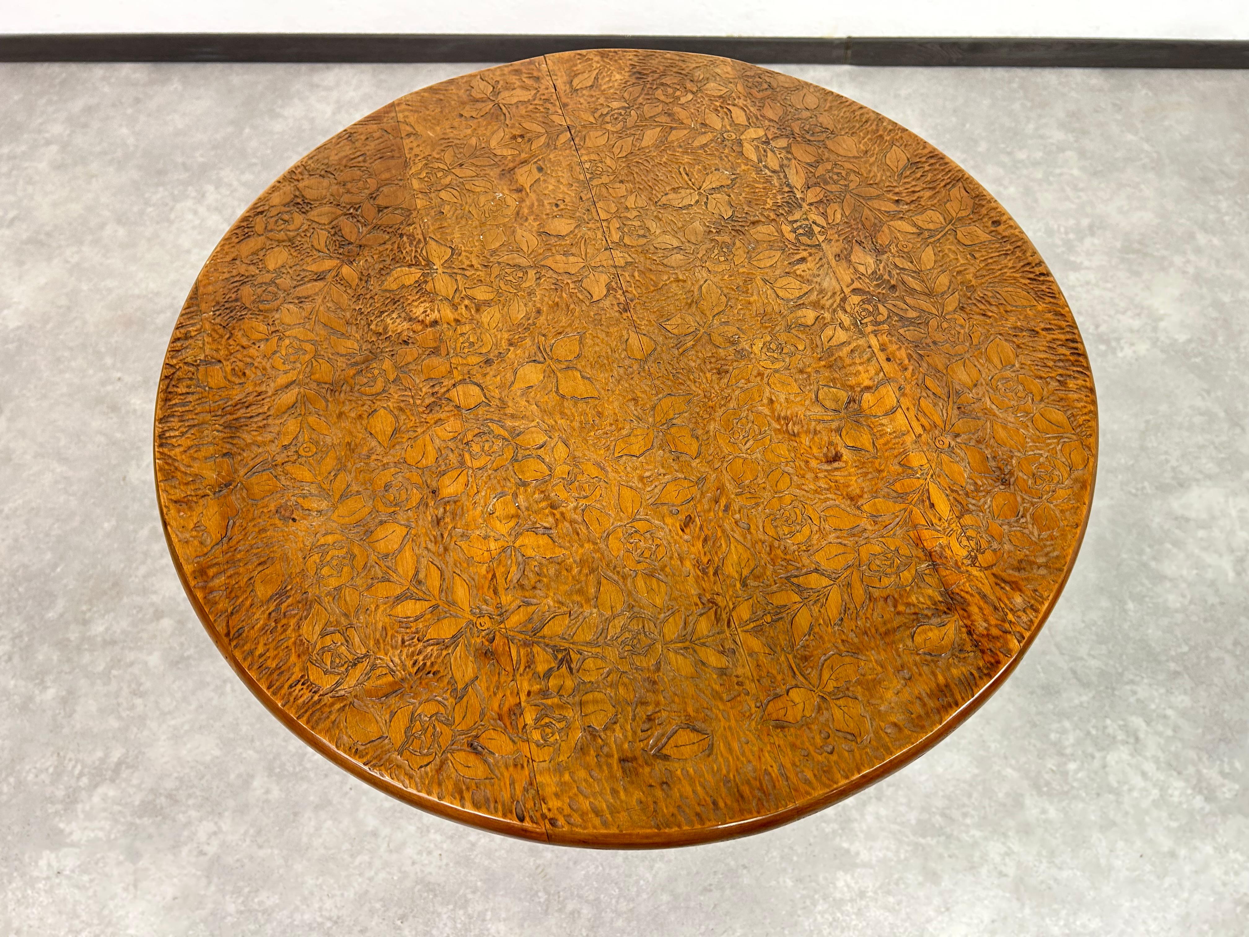 Slovak Round art nouveau coffee table with carved top For Sale