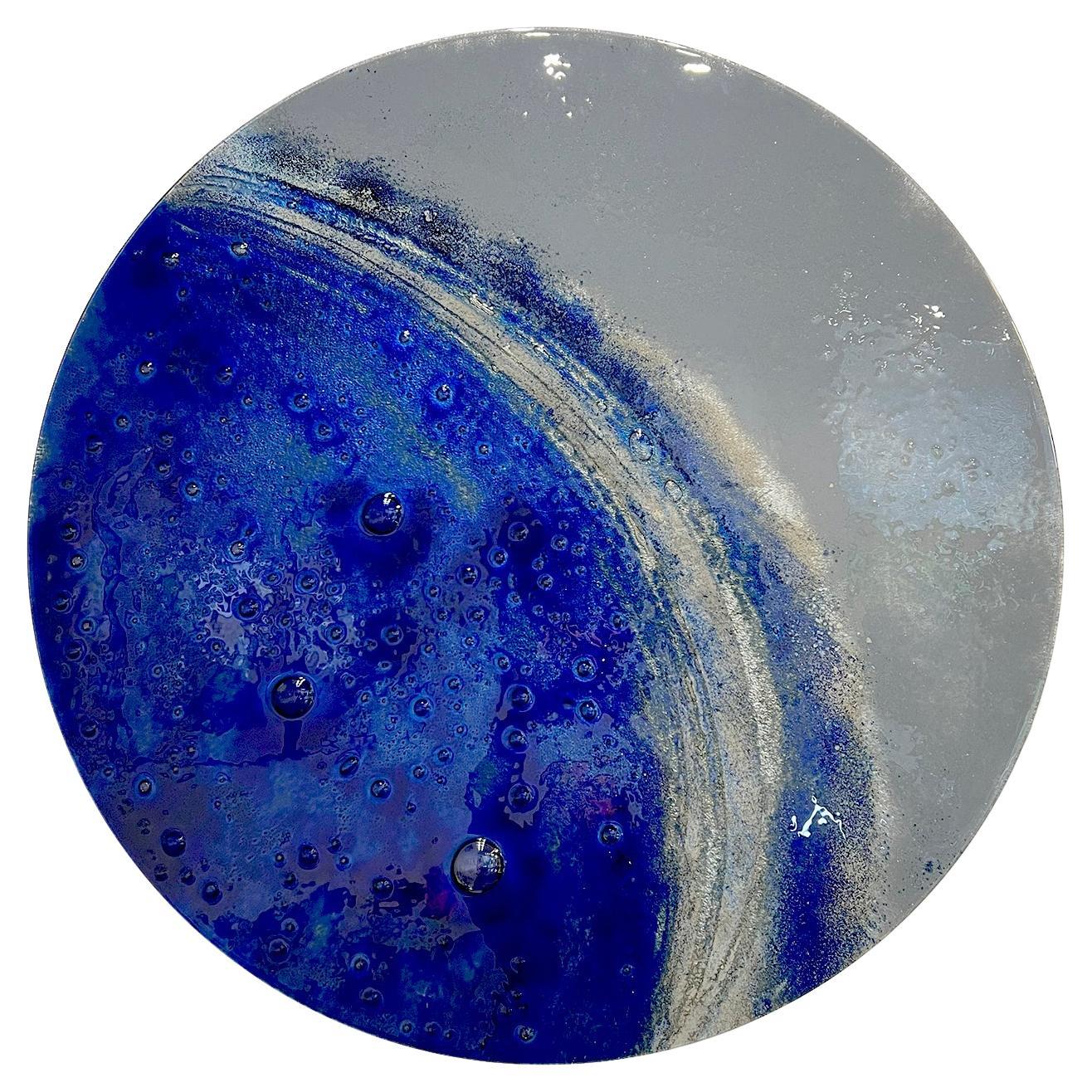 Round Art Work Big Blue with Fusing Murano Kind Glass in Blue and Grey