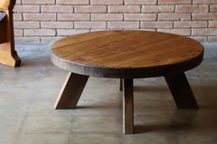 Round Artisan Brutalist Solid Oak Coffee Table, France 1960s