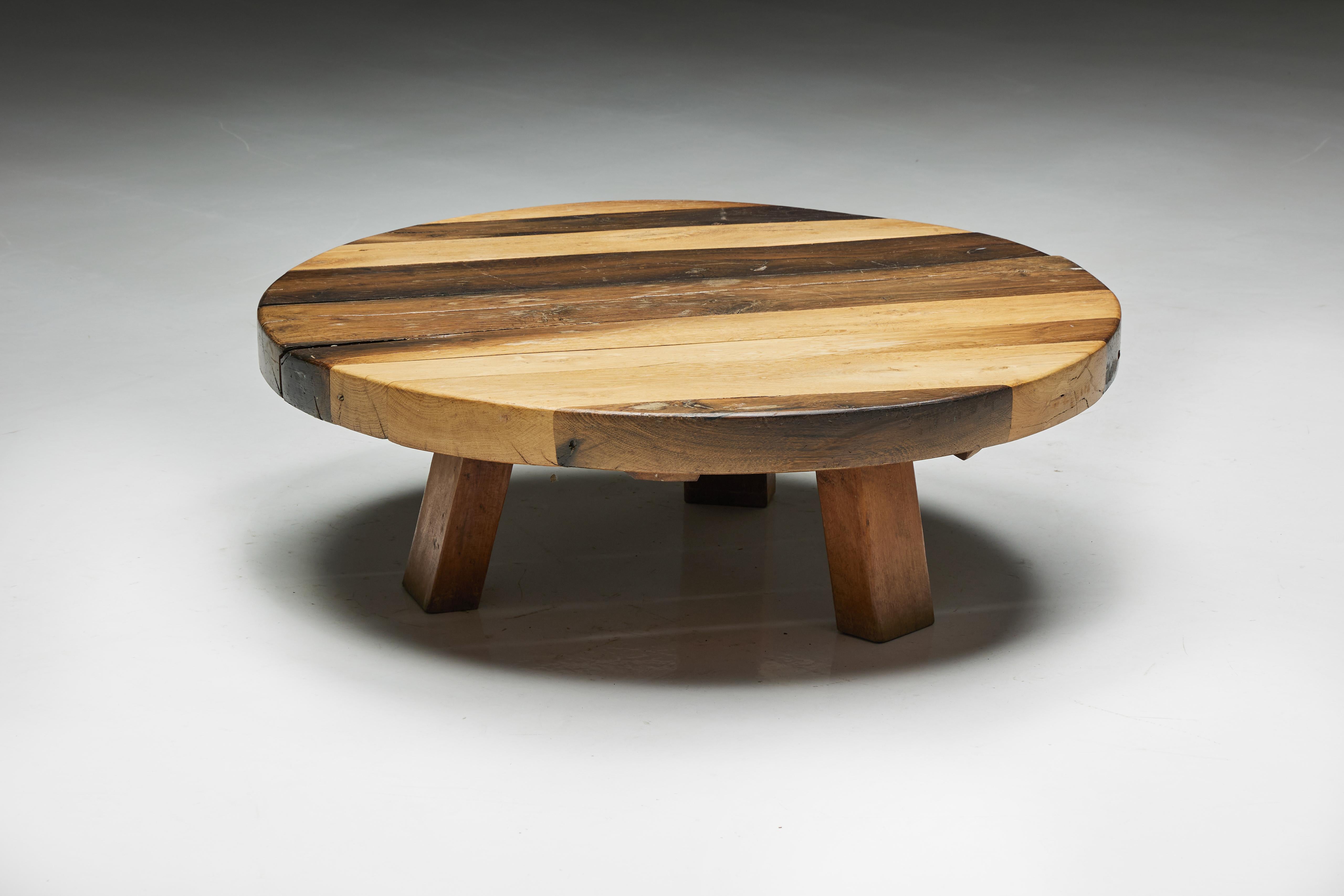 Brutalist Round Artisan Wooden Coffee Table, France, 1950s For Sale