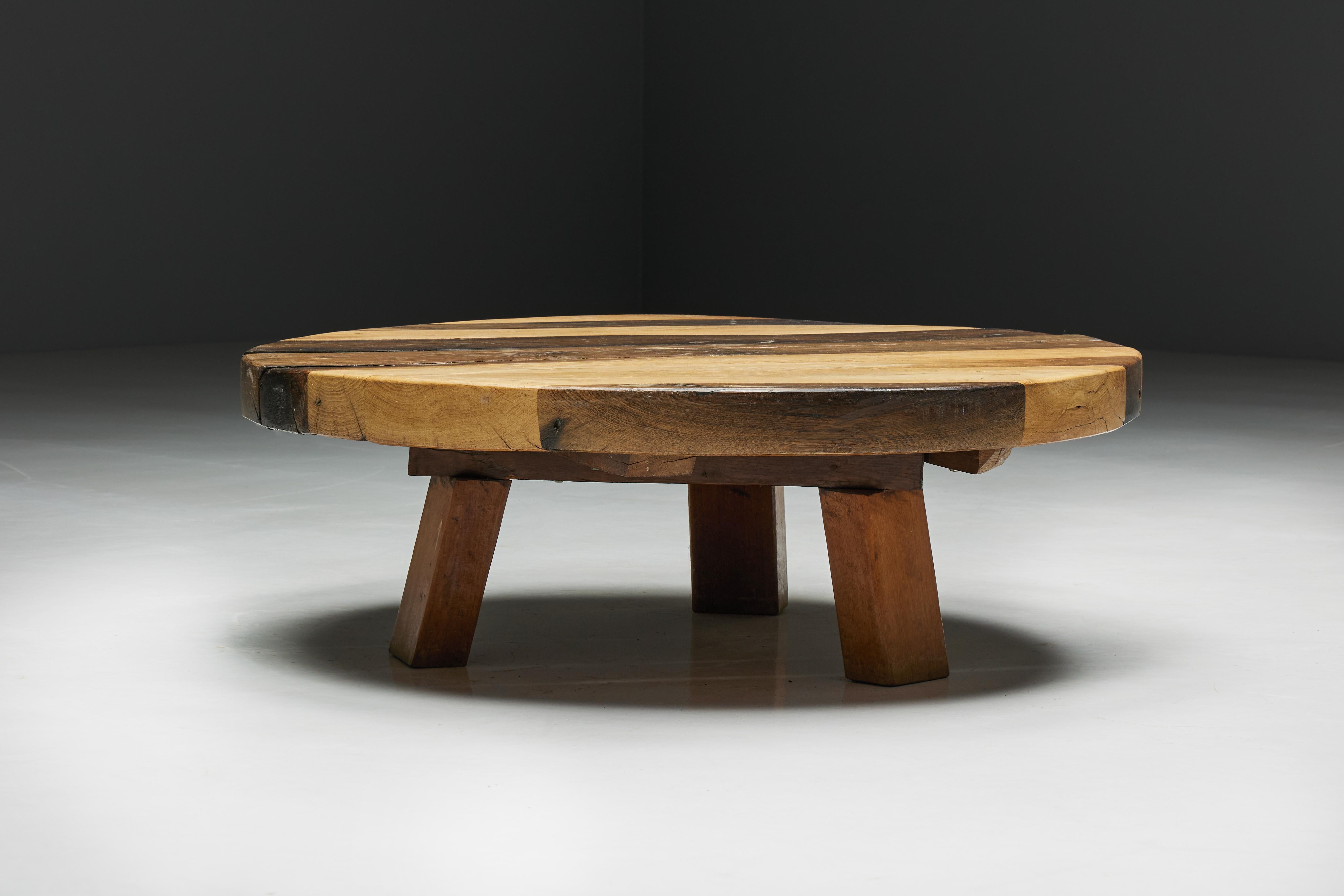 French Round Artisan Wooden Coffee Table, France, 1950s For Sale