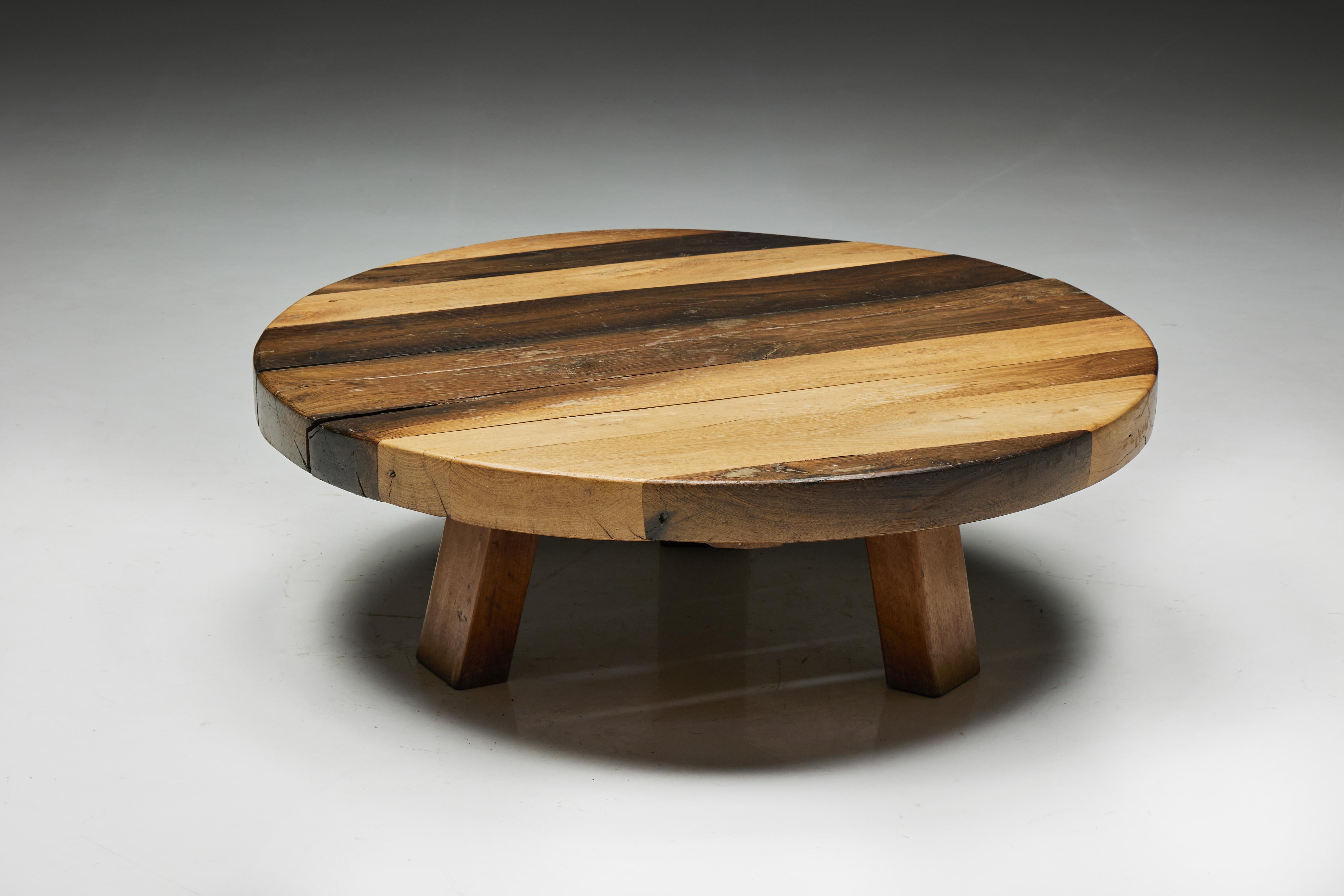 Round Artisan Wooden Coffee Table, France, 1950s For Sale 1