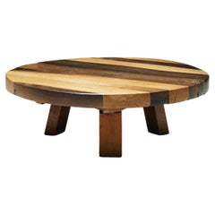 Vintage Round Artisan Wooden Coffee Table, France, 1950s