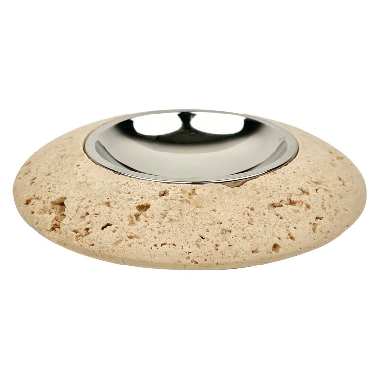 Round Ashtray in Travertine and Steel, Italy, 1970s For Sale at 1stDibs