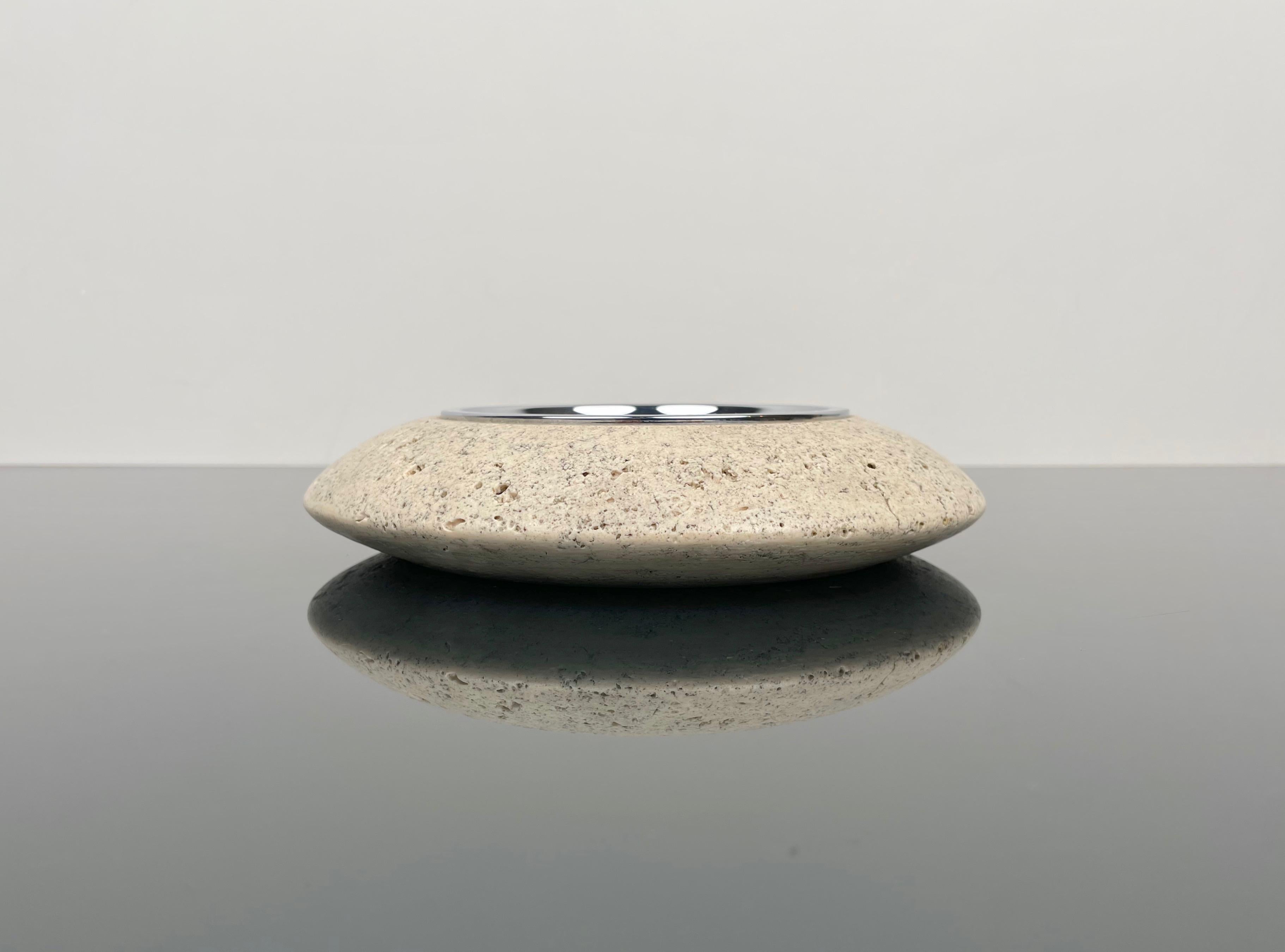 Italian Round Ashtray or Vide-Poche in Travertine and Steel by Marble Art, Italy 1970s For Sale