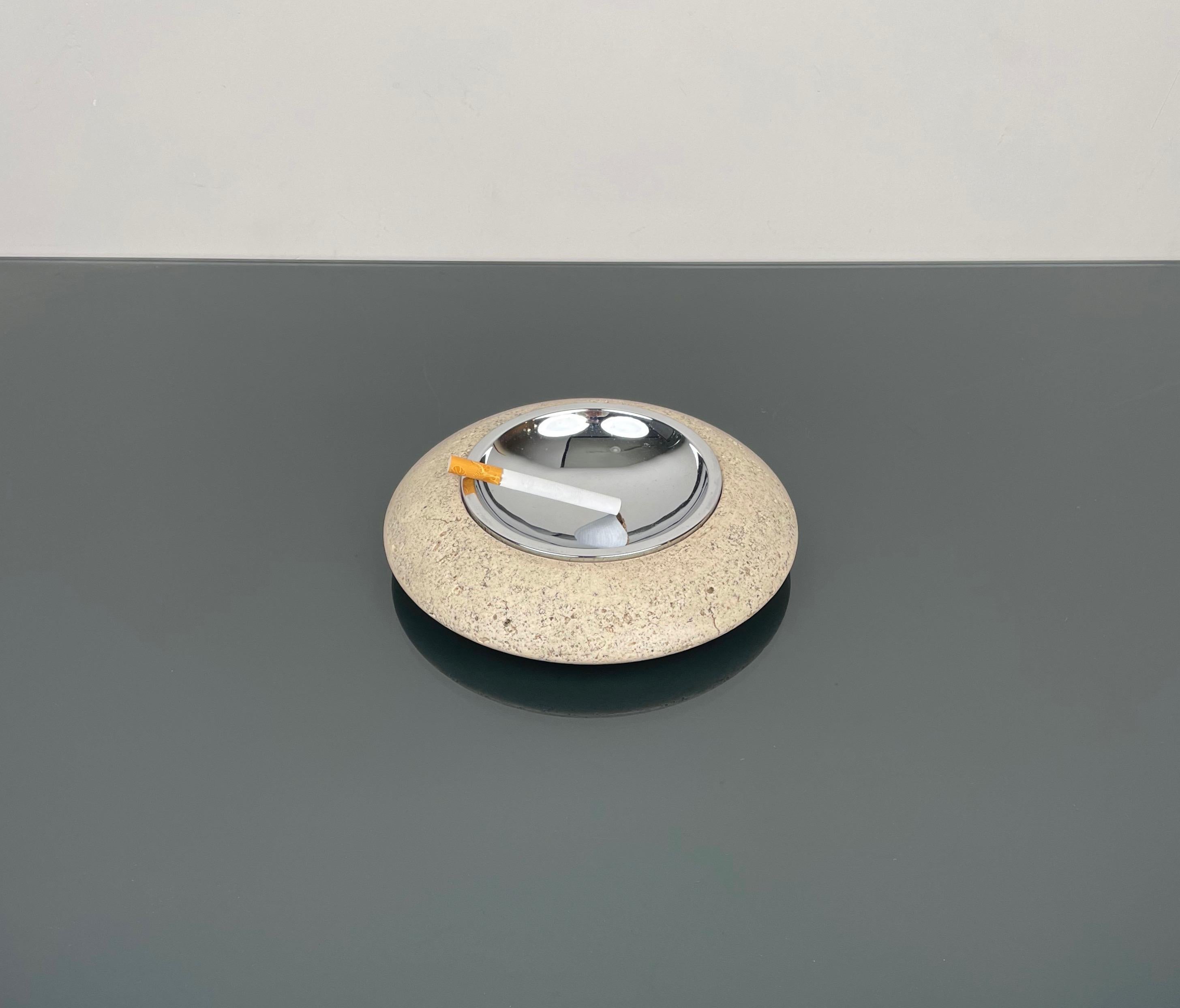 Round Ashtray or Vide-Poche in Travertine and Steel by Marble Art, Italy 1970s In Good Condition For Sale In Rome, IT