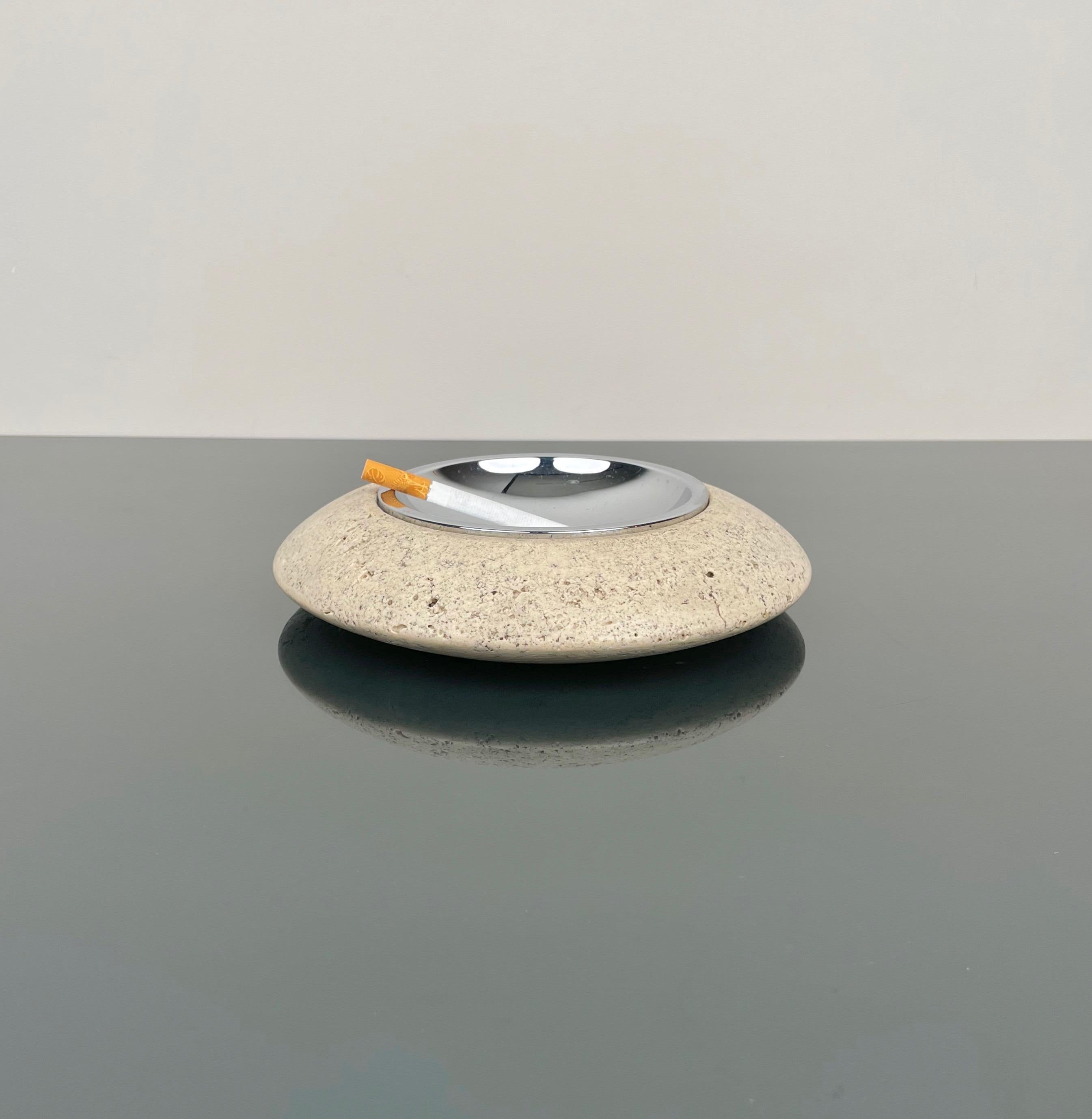 Late 20th Century Round Ashtray or Vide-Poche in Travertine and Steel by Marble Art, Italy 1970s For Sale