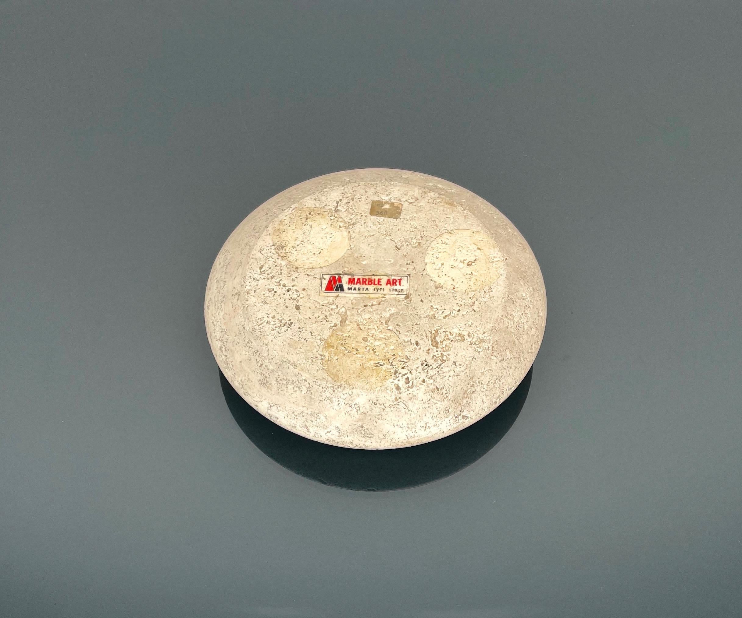 Metal Round Ashtray or Vide-Poche in Travertine and Steel by Marble Art, Italy 1970s For Sale