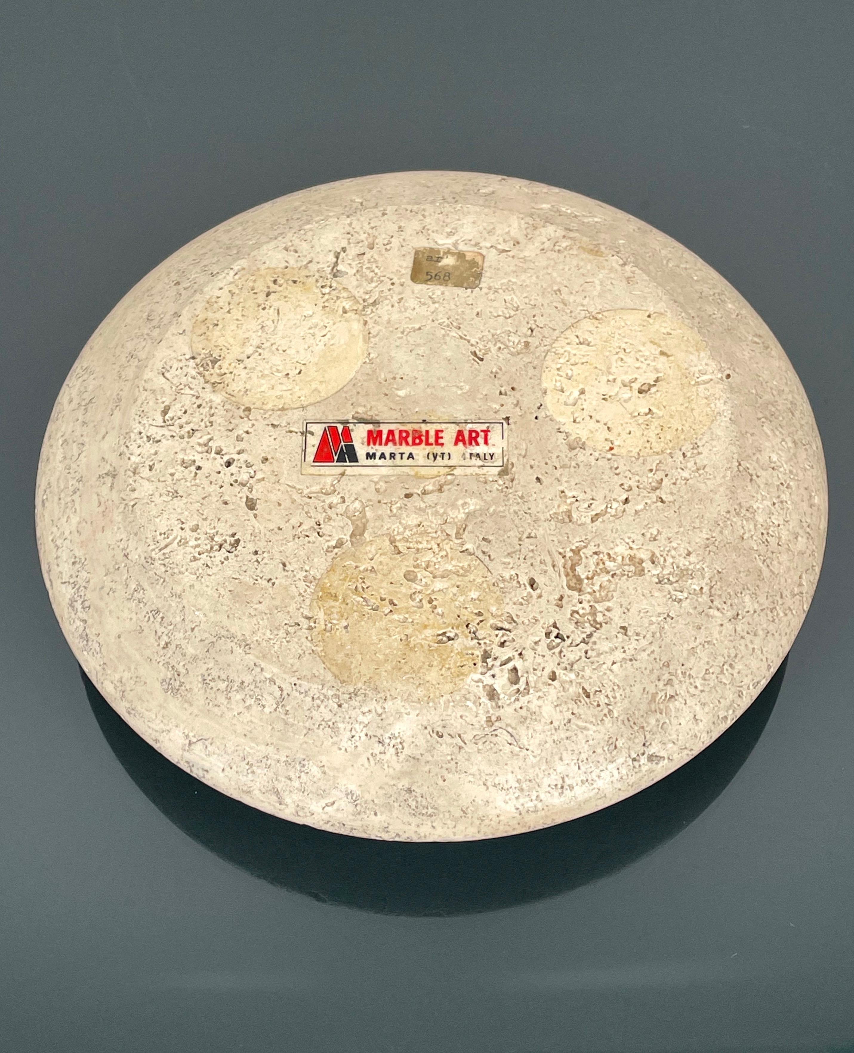 Round Ashtray or Vide-Poche in Travertine and Steel by Marble Art, Italy 1970s For Sale 1
