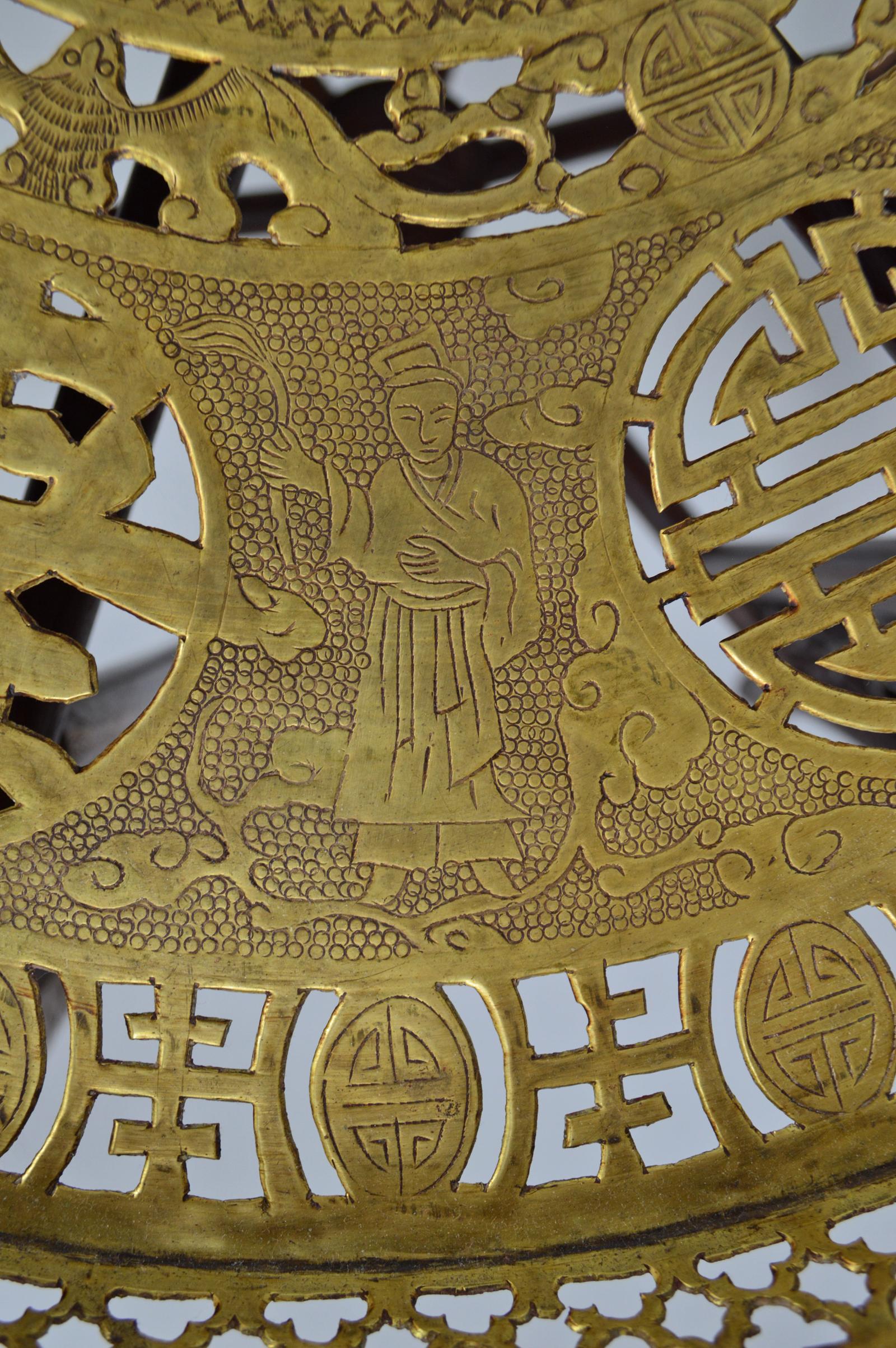 Round Asian Folding Table with Carved Wood and Brass Tray, circa 1890 9