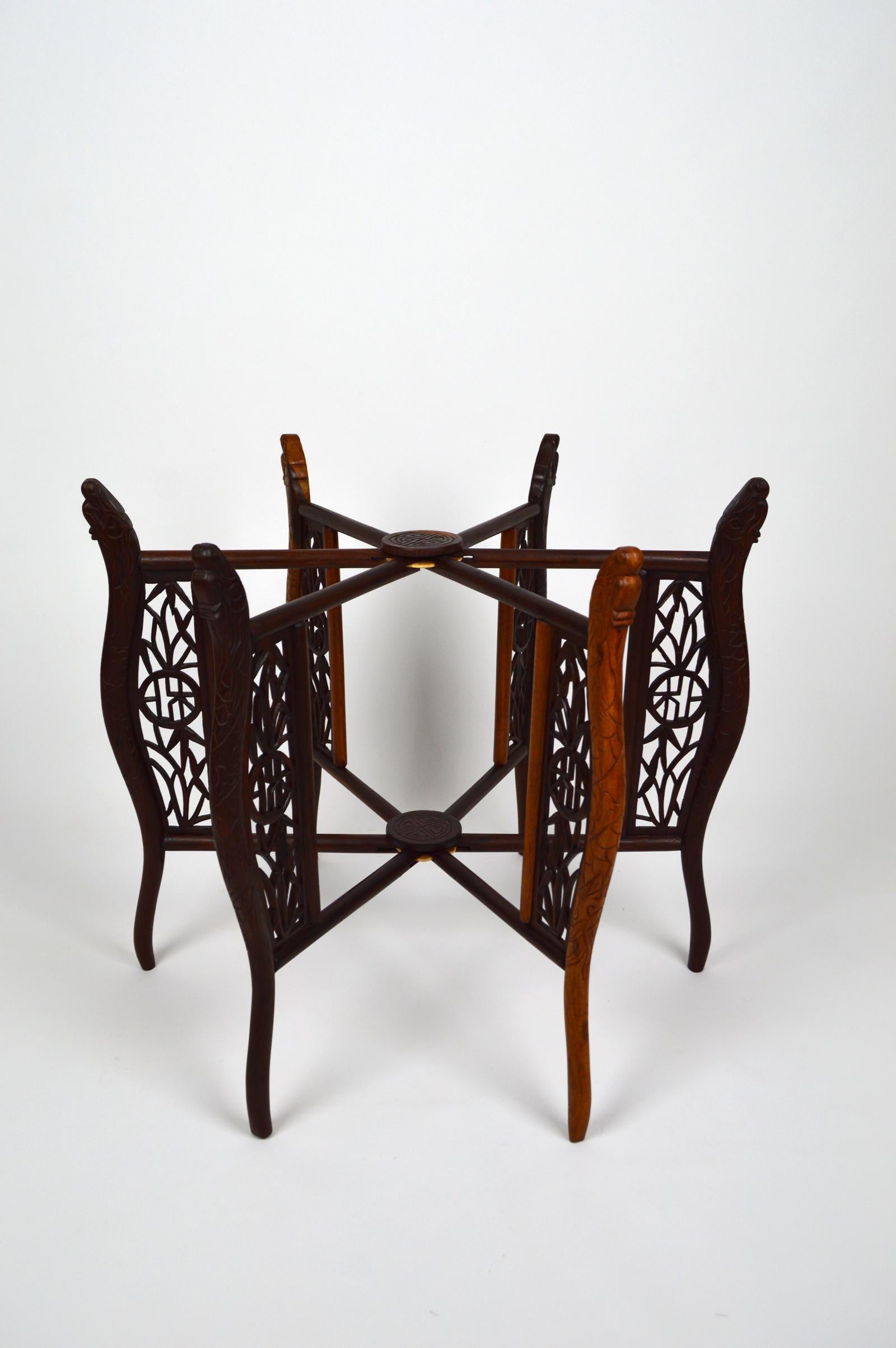 Round Asian Folding Table with Carved Wood and Brass Tray, circa 1890 10